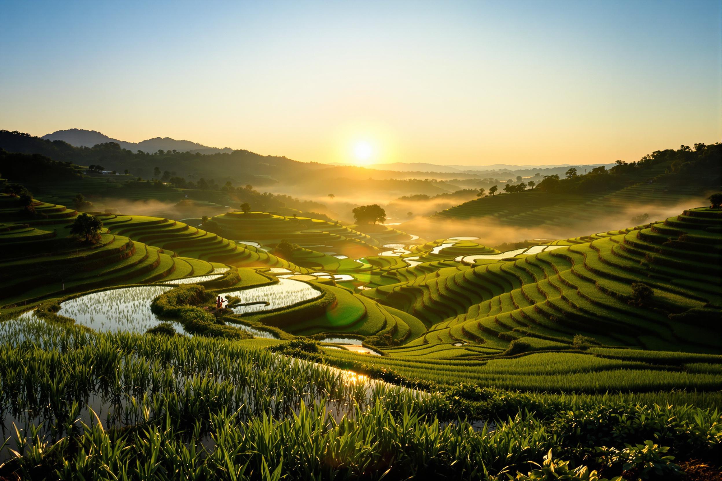 A breathtaking sunrise unfolds across verdant rice terraces. Layers of carefully cultivated fields stretch out, their reflective surfaces capturing the soft golden tones of dawn. Wisps of mist hover gently above, enhancing the peaceful ambiance. Silhouettes of distant hills frame the scene, while the clear sky transitions from deep blue to pale orange, inviting tranquility and contemplation.