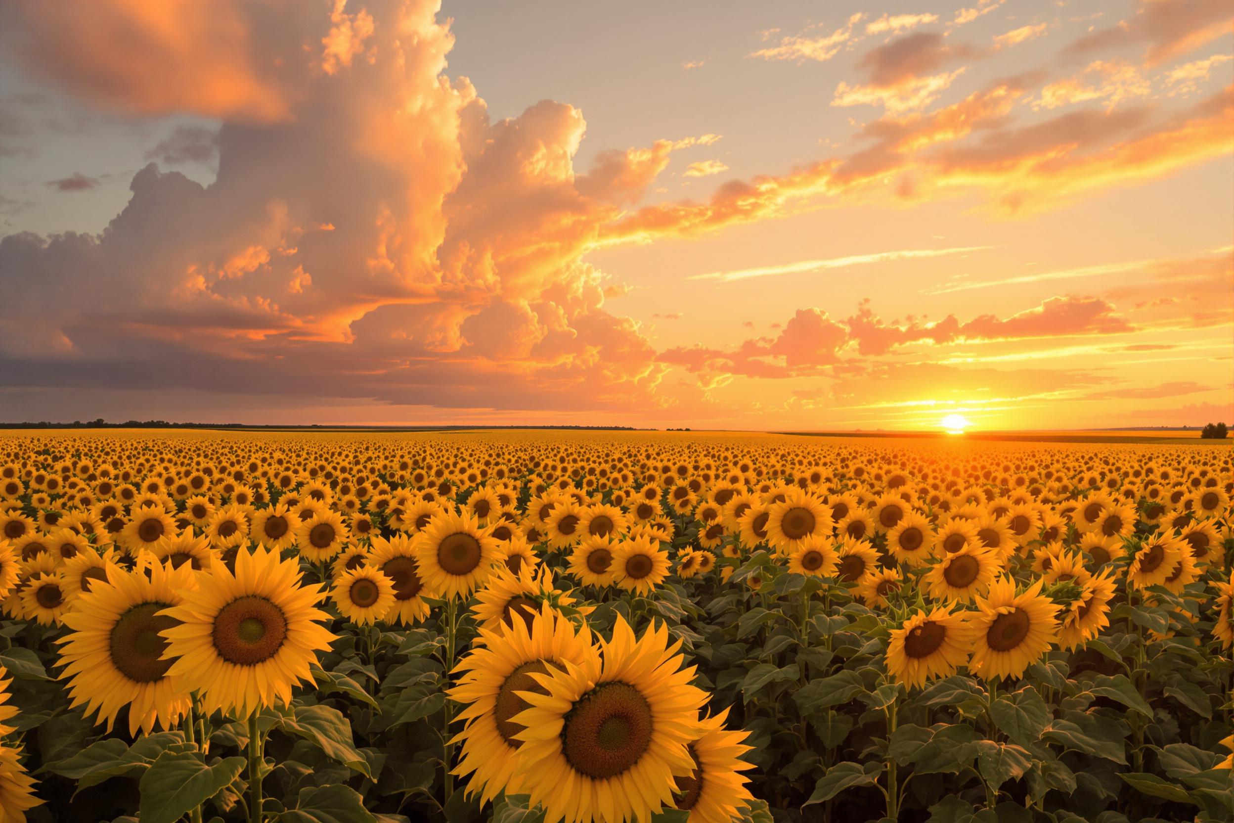 An endless field of vibrant yellow sunflowers stretches toward a majestic horizon ablaze during golden hour. The foreground detail reveals crisp blooms while the angle emphasizes rows leading into the distance. Billowing pastel clouds tinged with coral shades frame celestial dusk vibes.