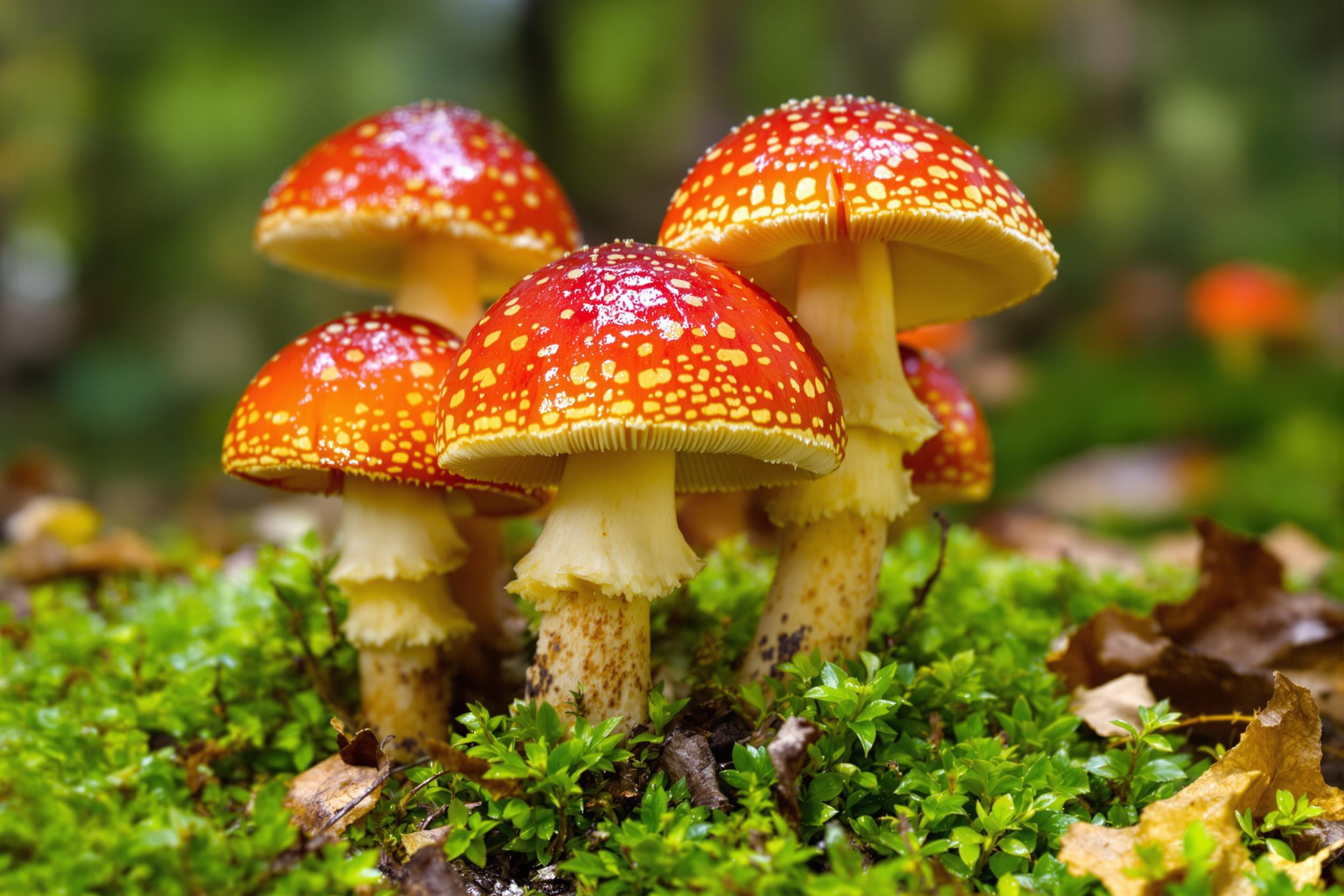 A breathtaking close-up captures vibrant wild mushrooms sprouting from a lush green forest floor. Their caps glisten under diffused sunlight, revealing intricate textures in deep reds and oranges, contrasted by earthy browns. Delicate moss surrounds the base, while scattered leaves add organic detail to the scene. The blurred backdrop enhances the mushrooms' vivid colors, evoking an enchanting woodland atmosphere.