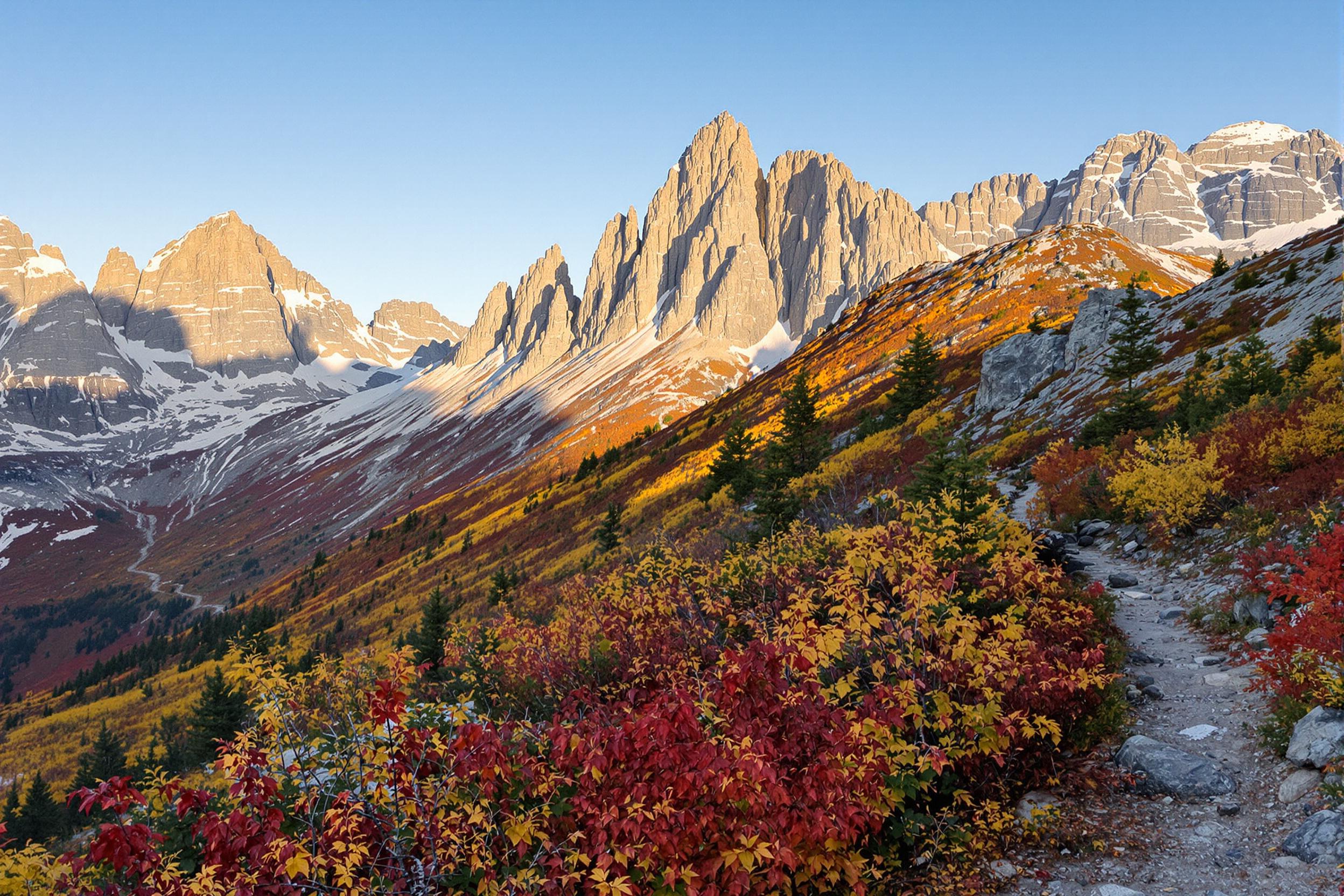 A breathtaking mountain landscape unfolds under the soft glow of the golden hour. Towering peaks, draped in vibrant fall foliage, contrast against a clear blue sky. The foreground features a mix of crimson, orange, and yellow leaves, while an inviting hiking trail meanders into the distance.