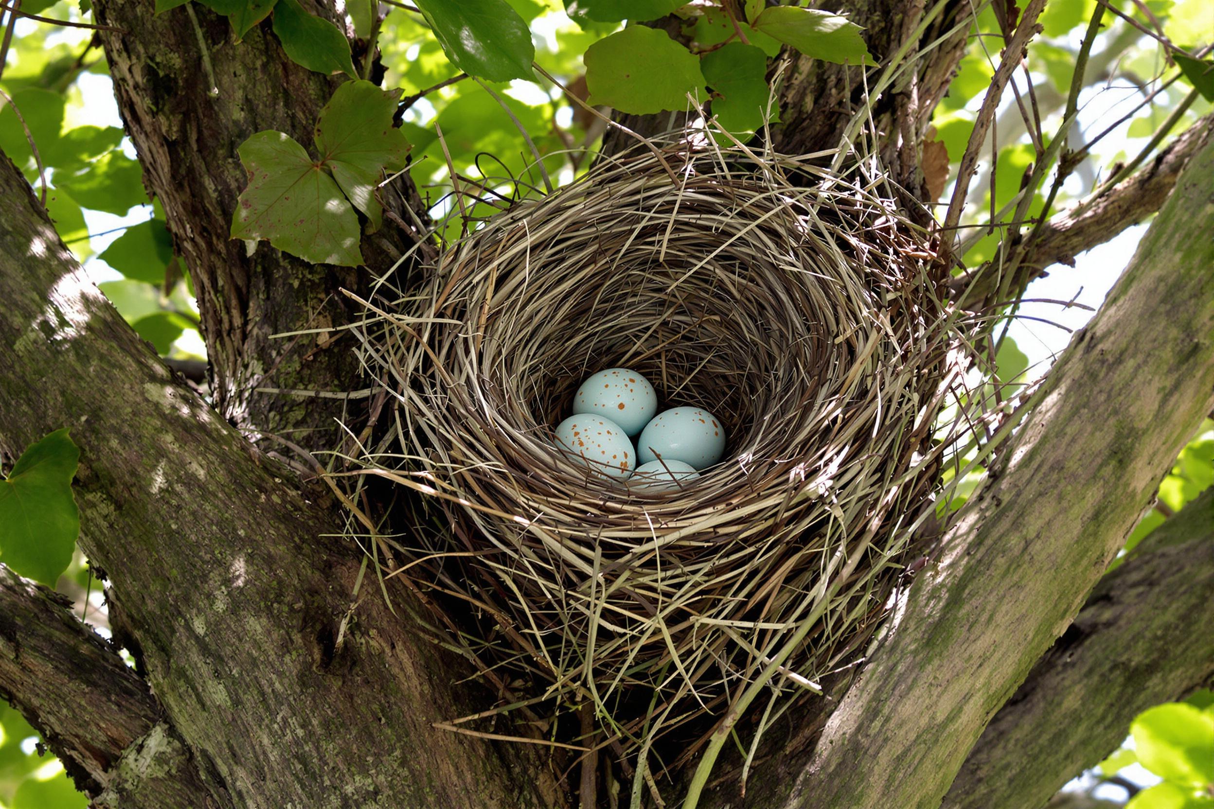 An intricate bird's nest nestled securely among the thick branches of a tree. The nest, intricately woven with twigs and grasses, cradles three delicate eggs speckled in shades of blue and brown. Soft sunlight filters through surrounding green leaves, casting gentle shadows and illuminating the textures of this natural creation, illustrating the beauty of wildlife.