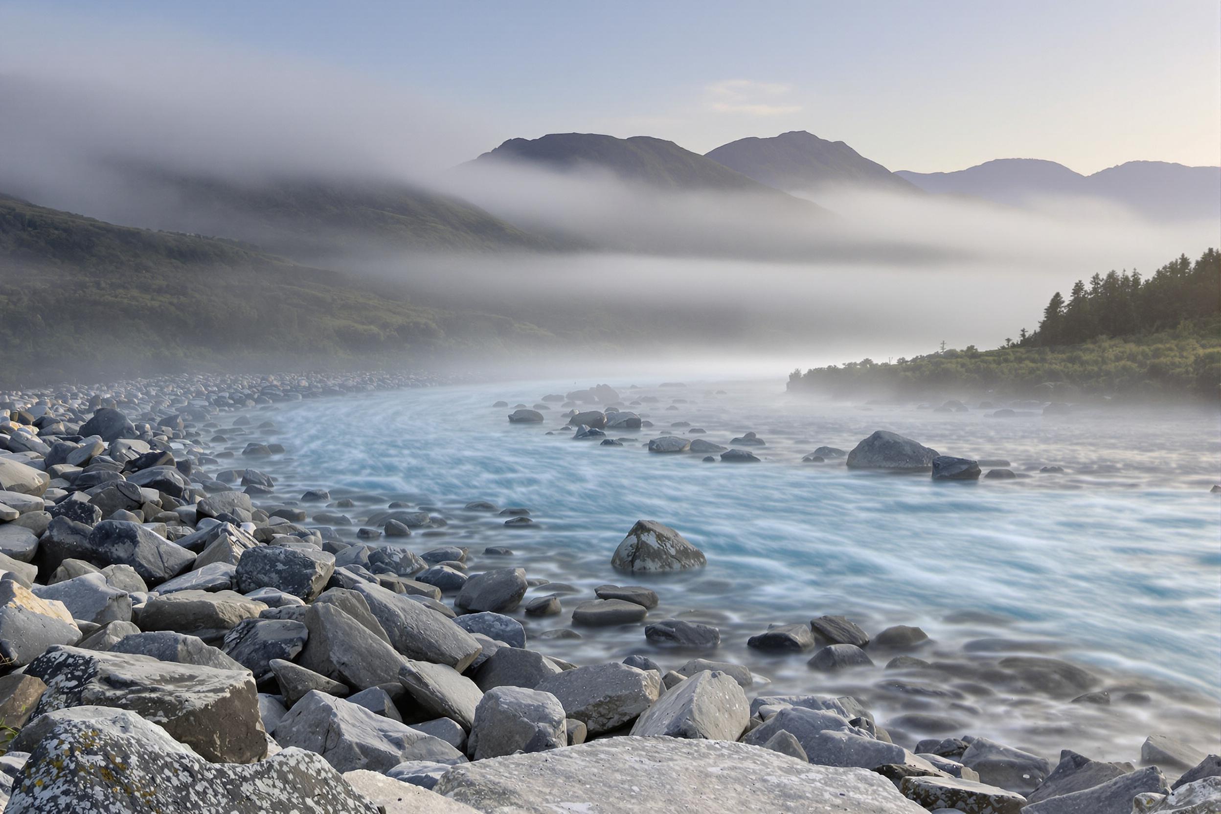 A peaceful mountain river winds through a mist-shrouded valley at dawn. Smooth gray rocks line its bank, while cool blue water reflects the muted tones of early daylight. Layers of distant hills rise subtly through shifting fog, adding depth to the tranquil scene as soft sunlight gently outlines the landscape.