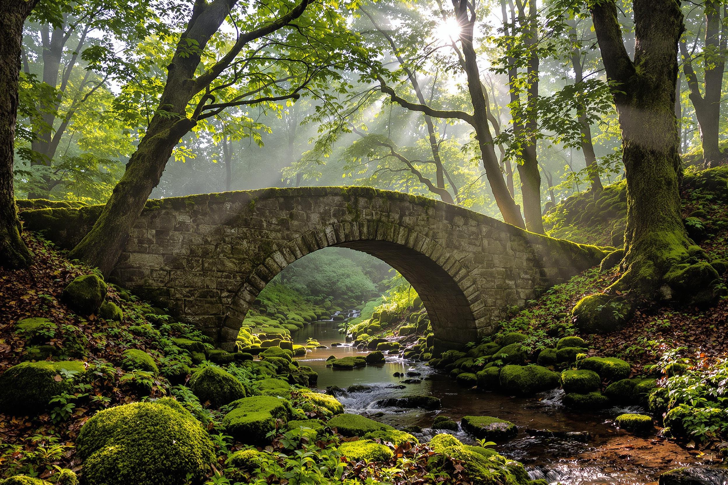 An ancient stone bridge arches gracefully over a small, trickling creek, covered in lush green moss. Surrounding it, towering trees provide an ethereal canopy, shrouded in soft morning fog that envelops the scene. Sunbeams filter through the branches, casting gentle light on the weathered stones, creating a timeless, tranquil environment.