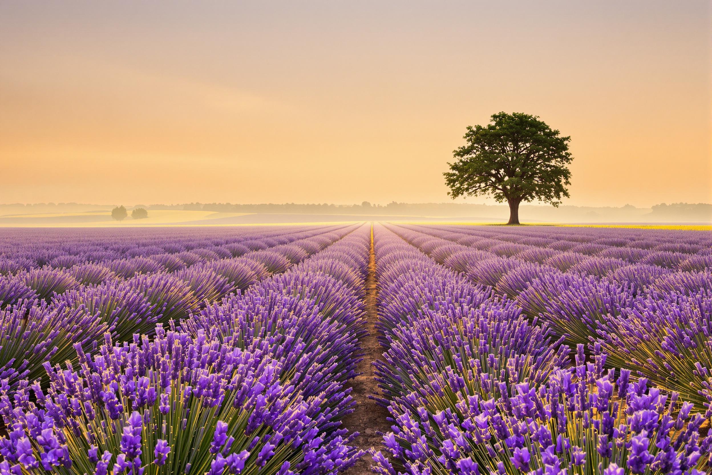 A serene lavender field stretches into the horizon under golden-hour skies. Neat rows of vibrant purple blooms create natural leading lines toward a solitary oak tree at the center. Soft sunlight enhances floral textures in the foreground while blending smoothly into the hazy, warm-toned background, evoking tranquility.