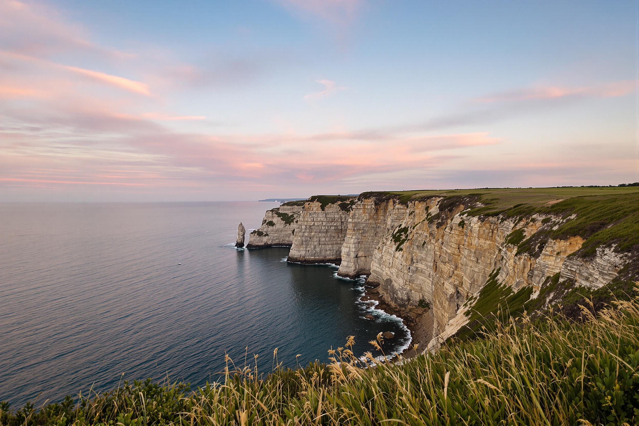 A majestic cliffside stretches dramatically over the gentle waves below as dawn breaks. Soft pinks and yellows blend seamlessly in the expansive sky, reflecting on the calm ocean surface. Weathered rock formations jut from the greenery above, while delicate grasses sway in the mild breeze, inviting appreciation for nature's beauty and serenity.