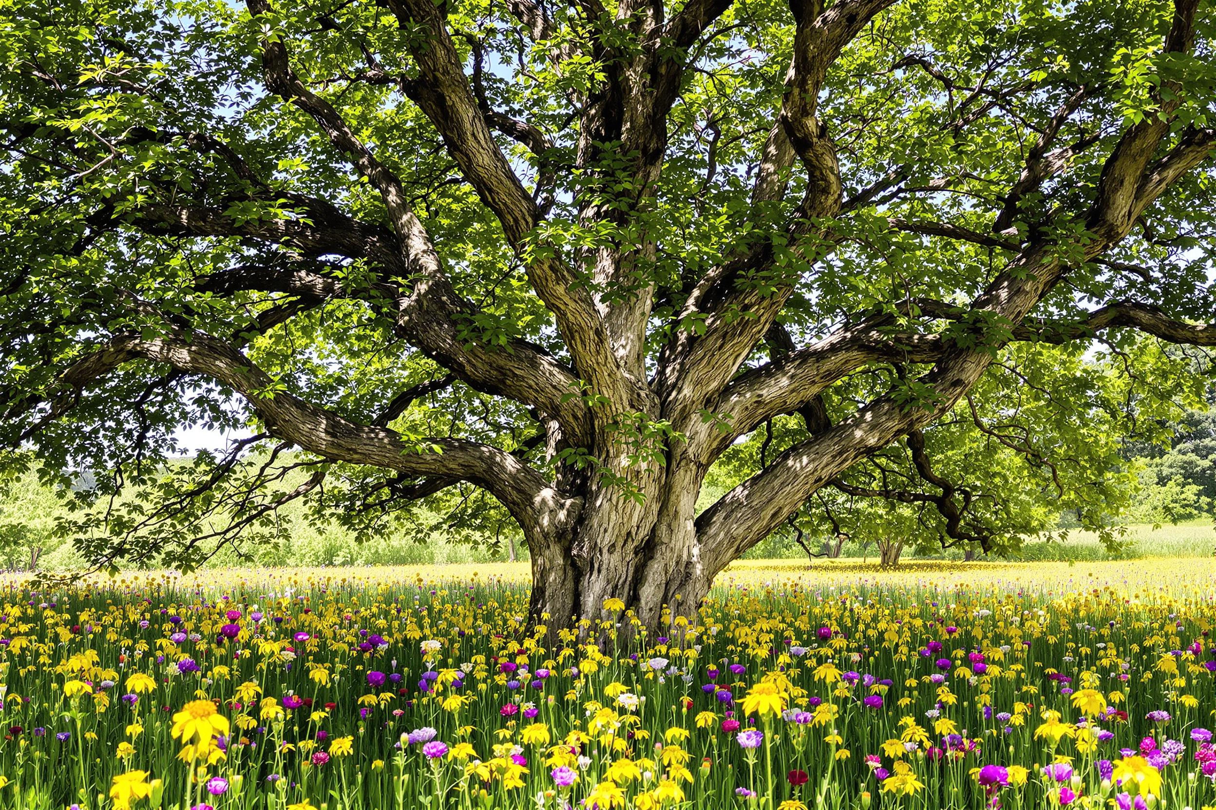 An ancient oak tree stands proudly in the middle of a lively meadow, its wide canopy providing shade. Below, a tapestry of wildflowers blooms vibrantly in shades of yellow, purple, and pink. Sunlight bathes the scene in warmth, casting gentle shadows and highlighting the rough texture of the tree bark. Bees flit among the blossoms, enhancing the tranquil atmosphere.