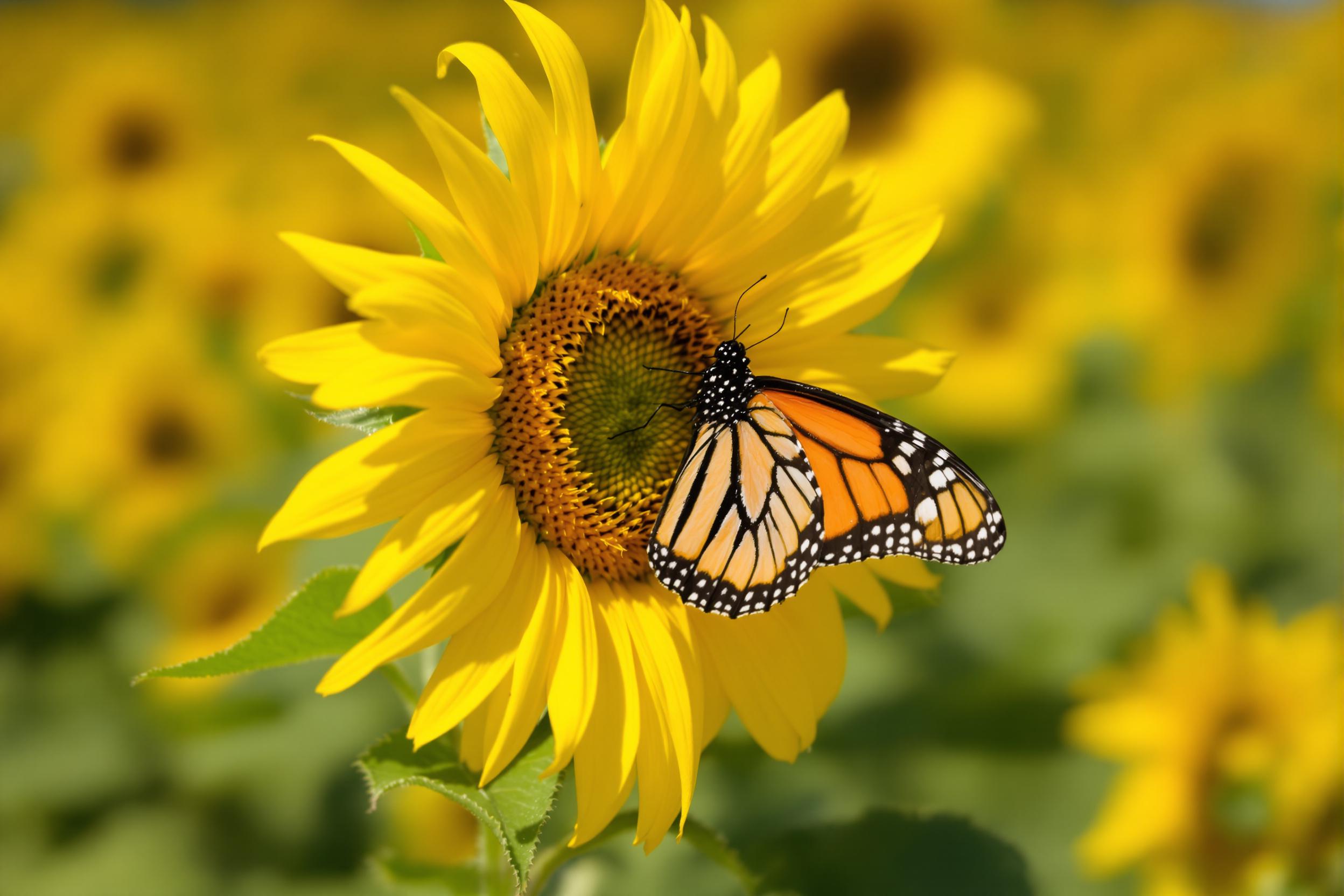 A vibrant orange-and-black monarch butterfly delicately perches on a fully bloomed sunflower, sipping nectar. Close-up reveals fine details of its wings and thorax, contrasting sharply against the bright yellow petals. The blurred background showcases a field of sunflowers bathed in radiant midday sunlight.