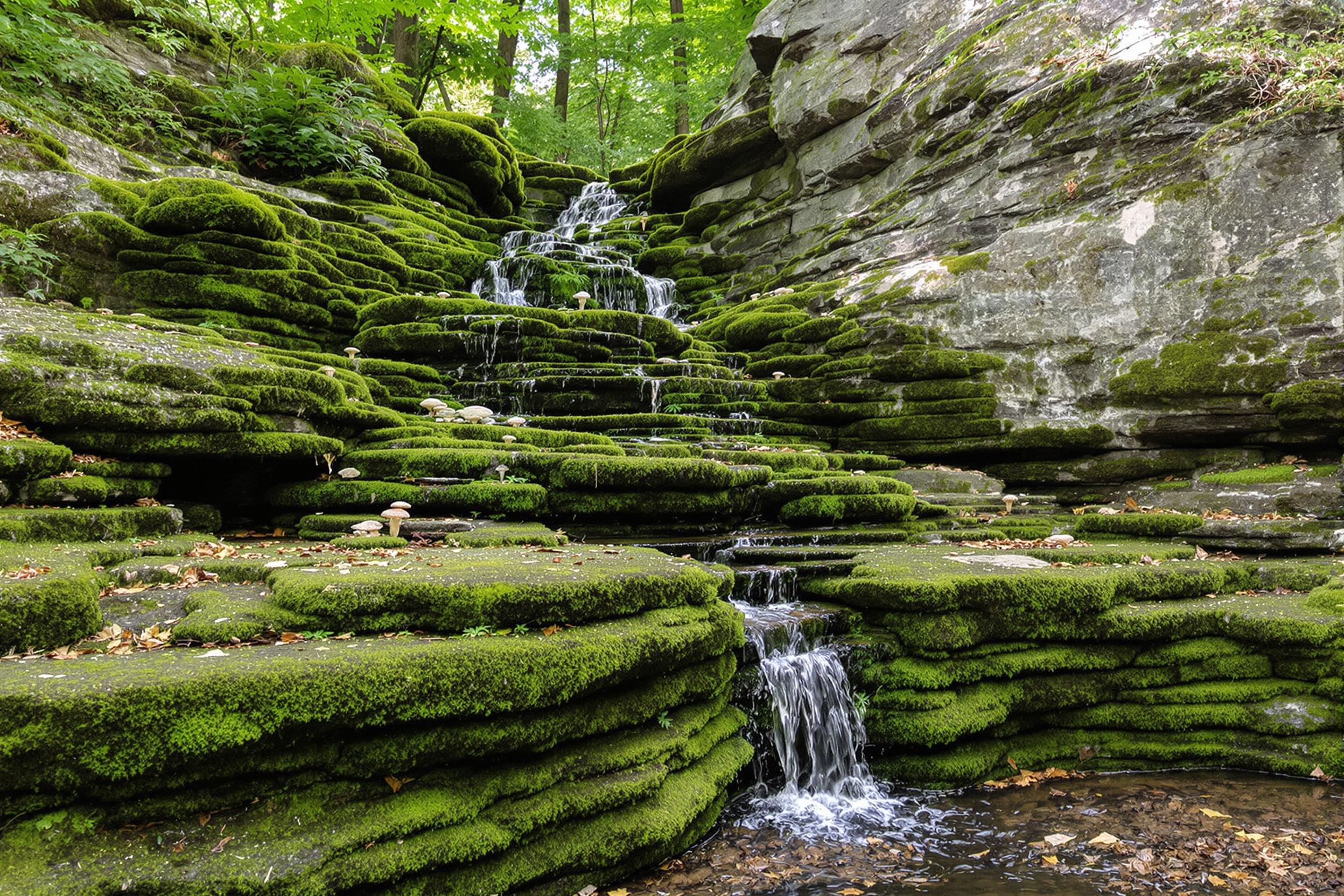 A miniature moss-covered waterfall meanders down intricately sculpted stone layers within a lush forest setting. The rich green moss blankets smooth rocks while trickling water catches mid-morning sunlight filtering through dense foliage. Delicate, scattered fungi add organic textures, enhancing the magical stillness of this serene woodland scene.