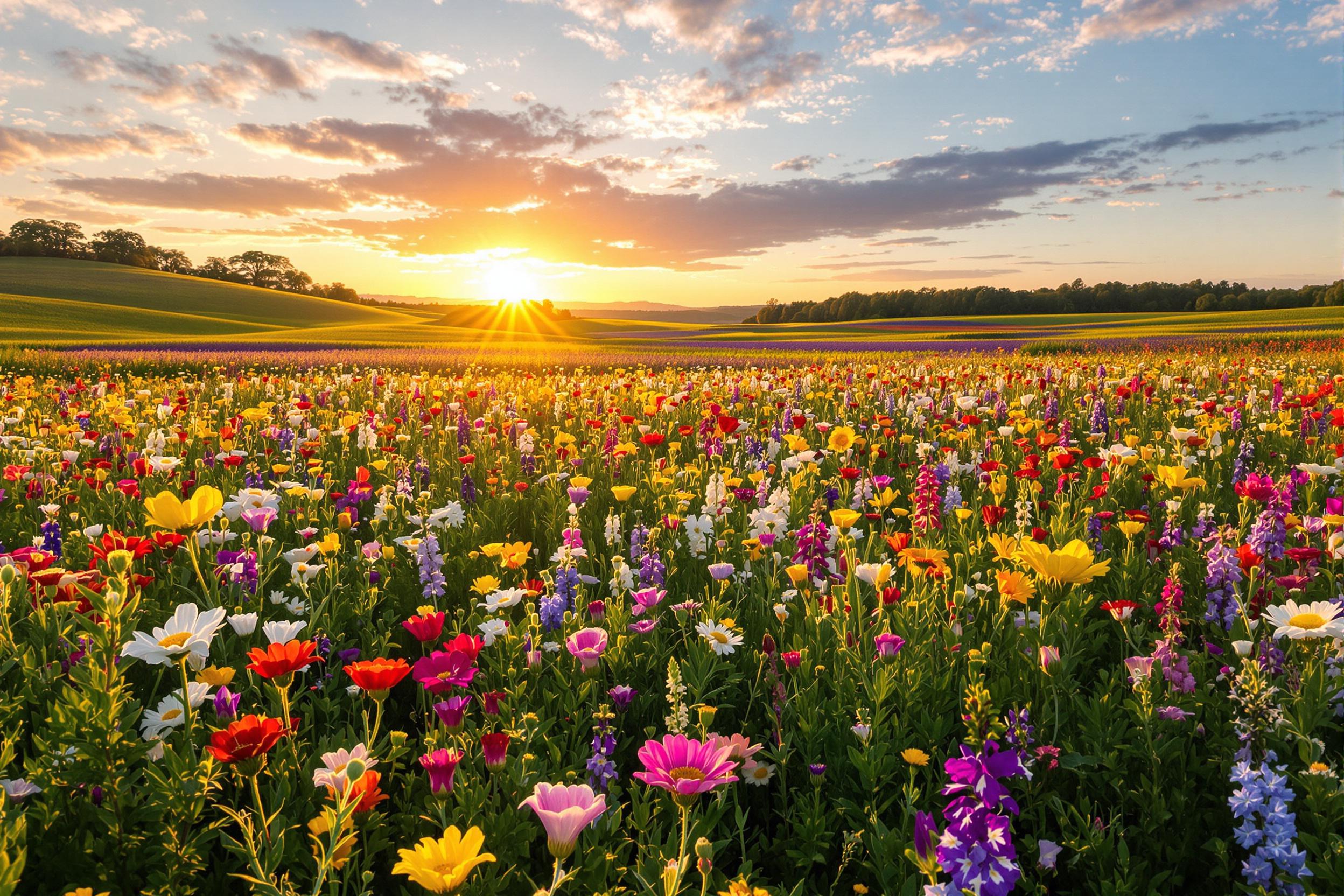 Discover the breathtaking beauty of a wildflower meadow bathed in golden hour light. This stunning landscape showcases nature's vibrant palette, with a diverse array of colorful blooms stretching towards the horizon under a warm, glowing sky.