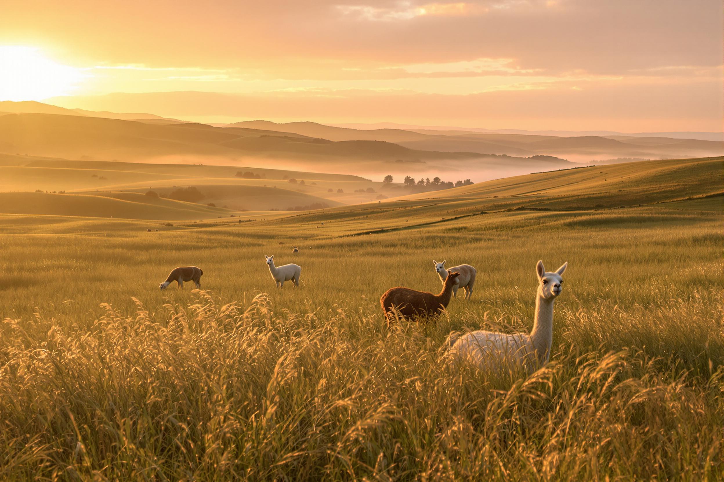 A tranquil llama farm awakens under the soft blush of dawn. Llamas graze peacefully in an open field adorned with gentle rolling hills. The sky is painted in warm hues of gold and pink as sunlight filters through mist, casting a serene glow over the ensemble. Tall grass sways gently, enhancing the idyllic charm of this pastoral scene.