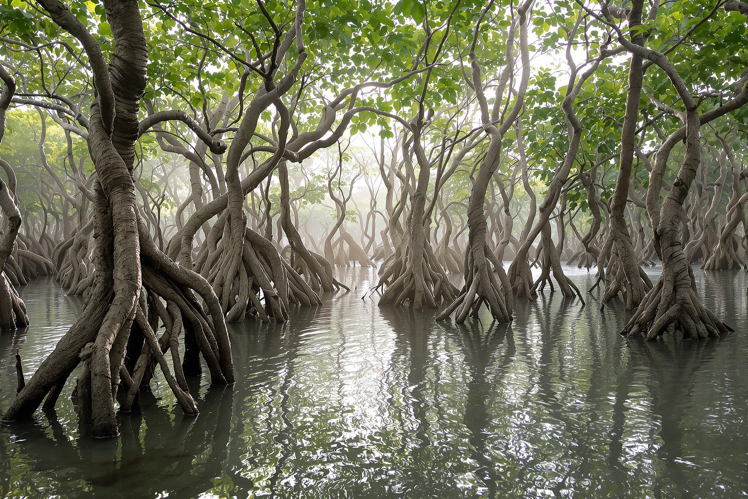 Explore the enigmatic beauty of a mangrove forest at daybreak. Twisted roots emerge from calm, reflective waters, creating an intricate maze bathed in soft, misty light. This captivating scene showcases nature's resilience and the unique ecosystem of coastal wetlands.