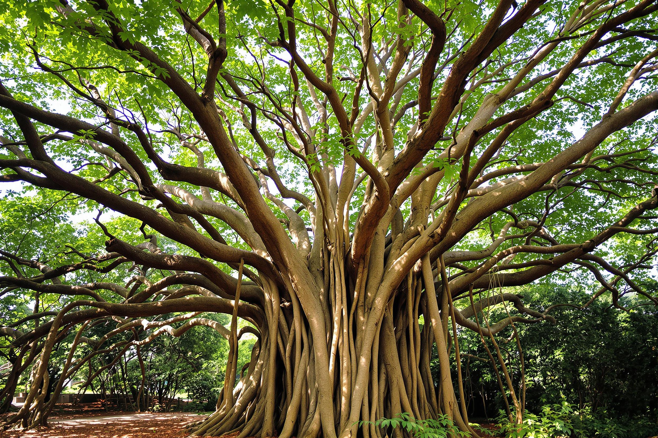 Witness the awe-inspiring grandeur of a centuries-old banyan tree, its sprawling aerial roots creating a natural cathedral in a tropical forest. This image captures the intricate network of branches and the symbiotic relationship between the tree and its ecosystem.