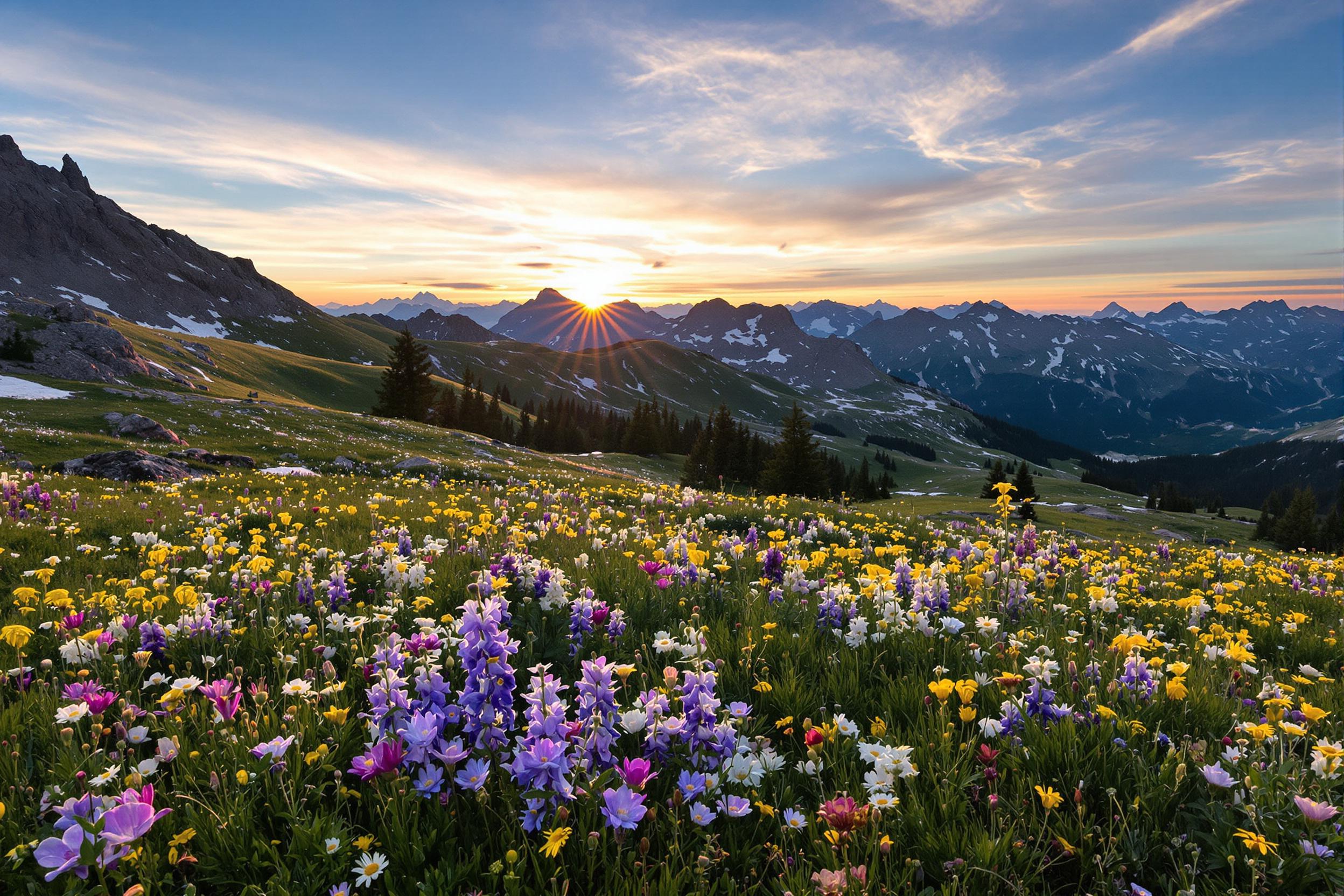 Discover a breathtaking alpine meadow bursting with colorful wildflowers as the sun sets behind distant peaks. This stunning landscape showcases nature's palette in full bloom, capturing the essence of mountain biodiversity and the golden hour's magic.