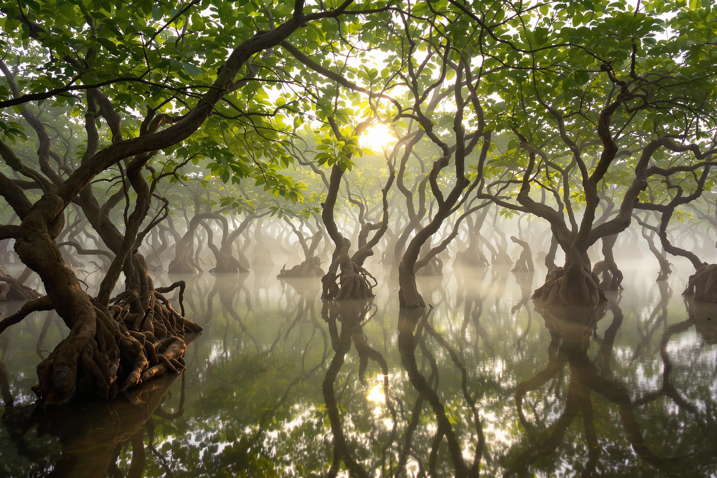 Explore the ethereal beauty of a misty mangrove forest at dawn. Twisted roots emerge from calm waters, creating an intricate maze. Soft light filters through the fog, illuminating the lush canopy and reflecting off the glassy surface. This image captures the unique ecosystem of coastal wetlands, showcasing nature's resilience and beauty in a lesser-known landscape.