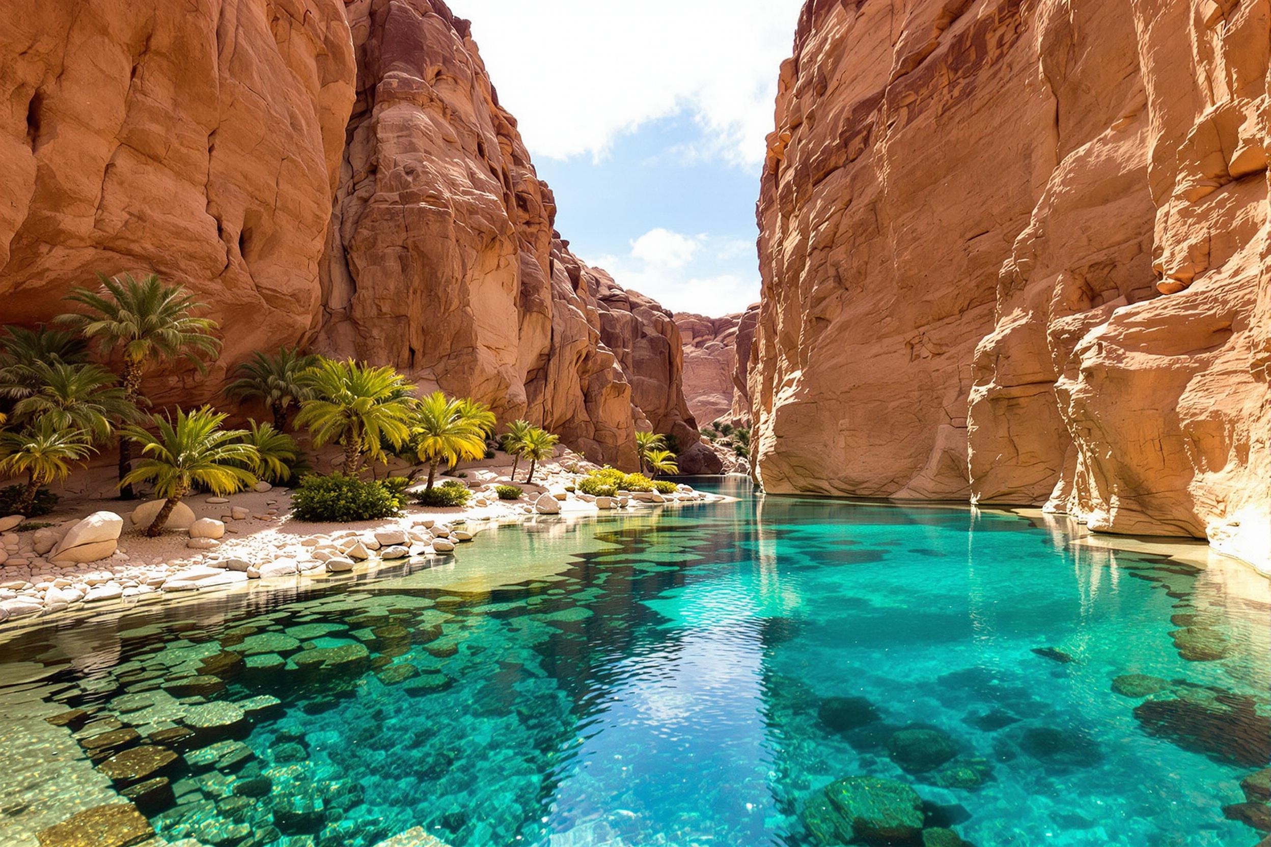 Discover a hidden desert oasis nestled among towering sandstone cliffs. Crystal-clear turquoise water reflects the warm hues of the surrounding rock formations, while lush palm trees and desert vegetation frame this serene natural wonder. Perfect for showcasing the unexpected beauty of arid landscapes.