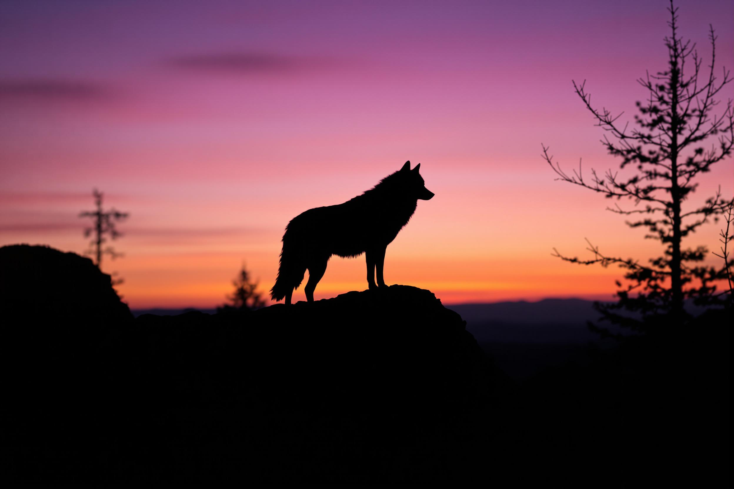 Capture the haunting beauty of a solitary wolf silhouetted against a twilight sky. The majestic canine stands atop a rocky outcrop, its proud profile etched against the fading light of dusk. Soft hues of purple, orange, and indigo paint the horizon, creating a dramatic backdrop for this powerful symbol of wilderness and survival.