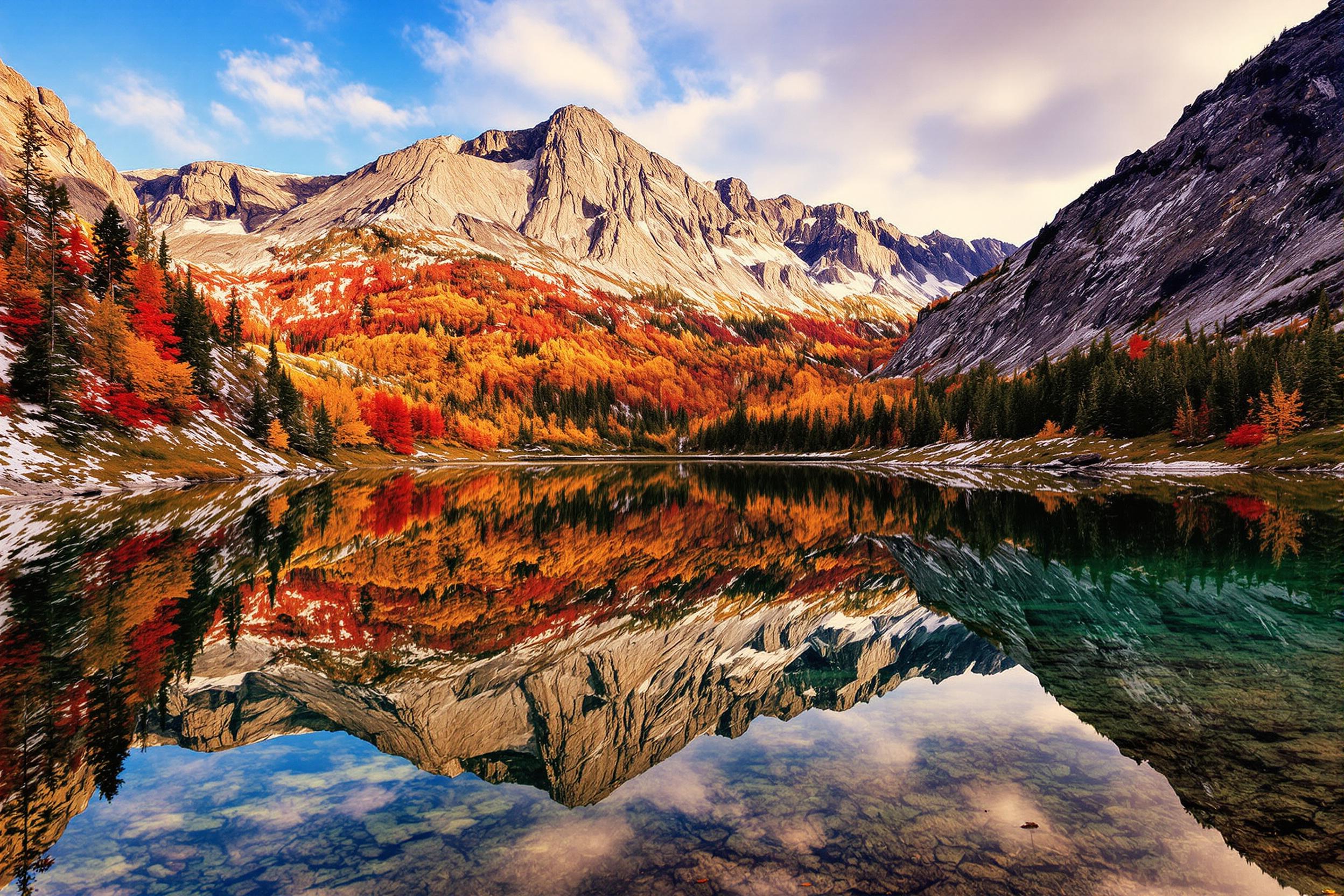 Capture the breathtaking beauty of fall foliage mirrored in a crystal-clear alpine lake. Vibrant reds, oranges, and yellows paint the surrounding mountains, creating a stunning symmetry between sky and water in this serene wilderness scene.