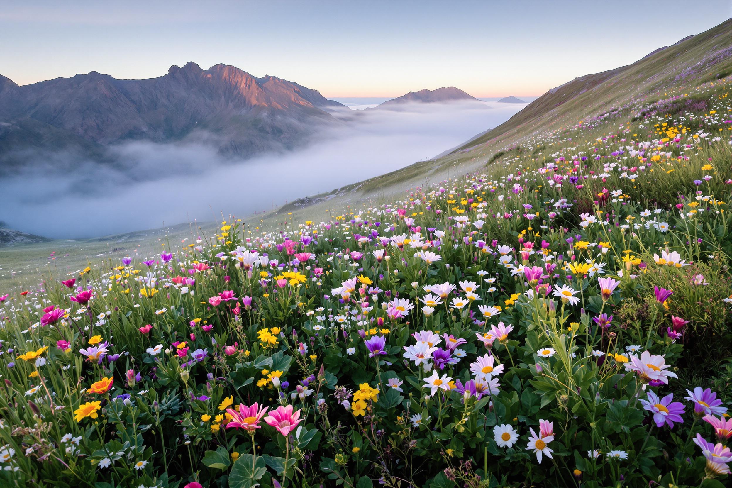 Discover the ethereal beauty of an alpine meadow at dawn, where vibrant wildflowers emerge from a blanket of morning mist. This captivating image showcases nature's delicate balance and the serene atmosphere of high-altitude ecosystems.