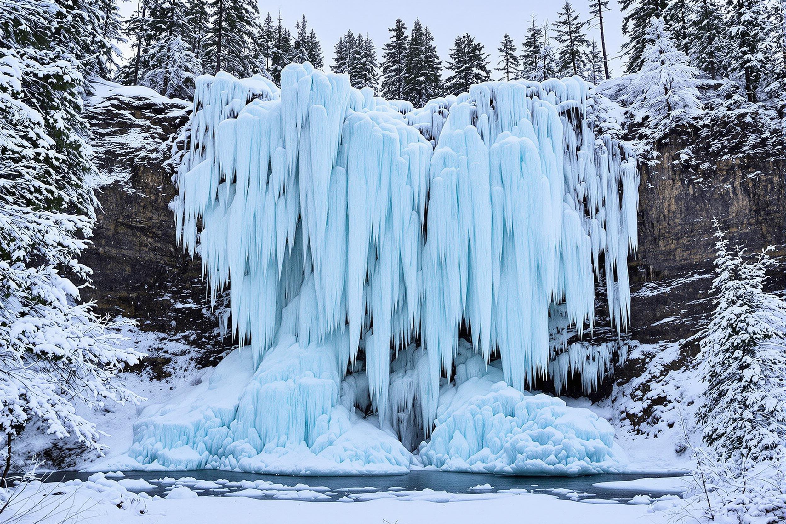 Discover the mesmerizing beauty of a frozen waterfall in a remote winter landscape. Massive ice formations create a stunning natural sculpture, showcasing nature's artistry in sub-zero temperatures. The surrounding snow-covered forest adds depth and serenity to this awe-inspiring scene.