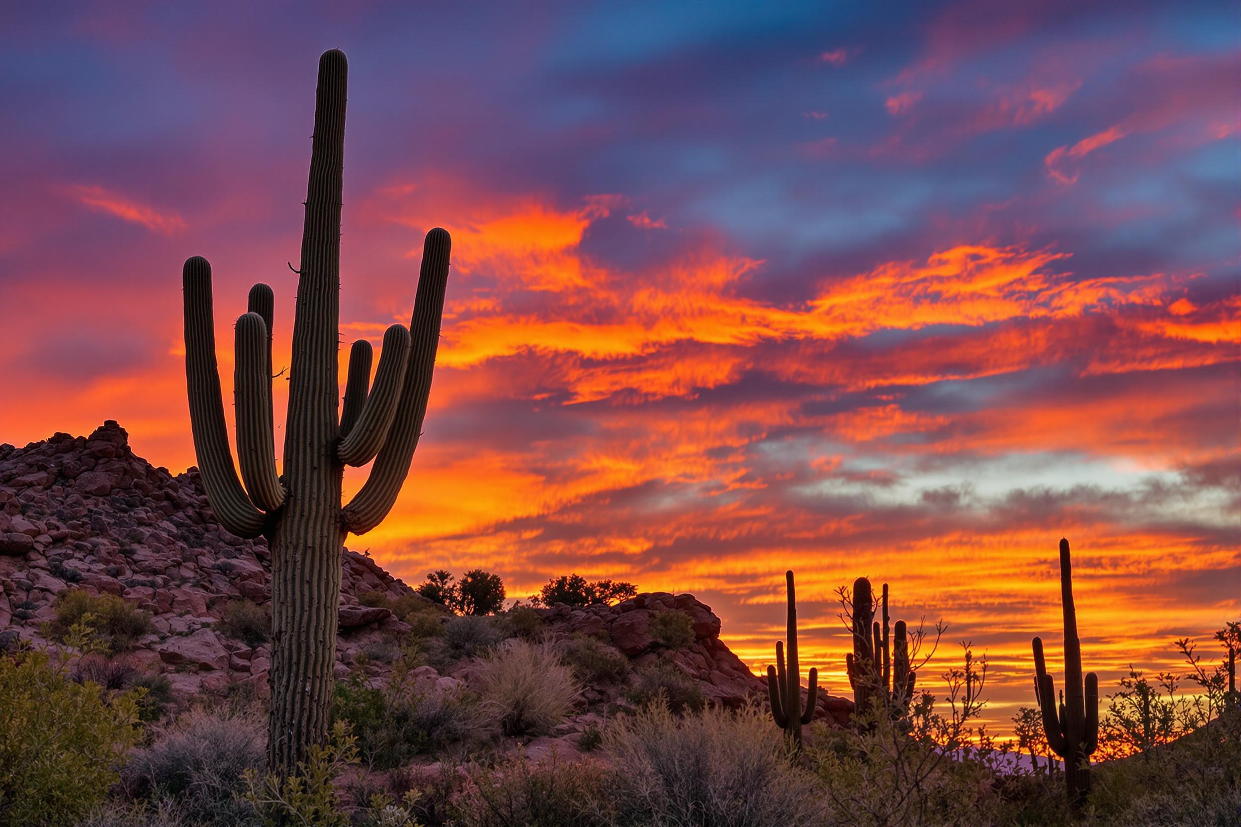 Witness the enduring strength of a majestic saguaro cactus silhouetted against a vibrant Sonoran Desert sunset. Rugged terrain and diverse flora showcase nature's adaptability in extreme environments, creating a captivating scene of desert beauty.