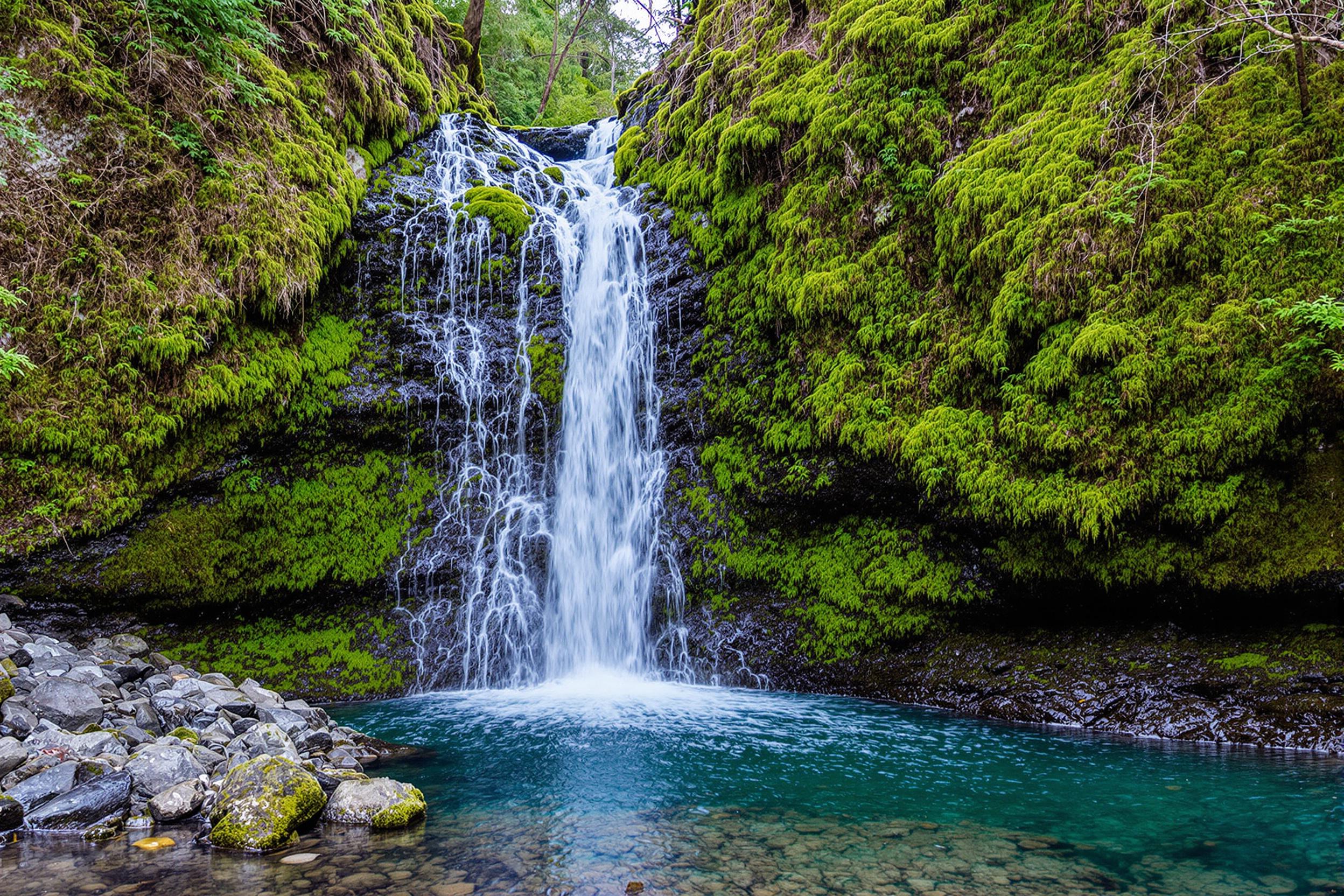 Discover a hidden gem in an old-growth temperate rainforest: a cascading waterfall adorned with vibrant moss. Emerald-hued water tumbles over moss-covered rocks, creating a mesmerizing scene of natural beauty and serenity.