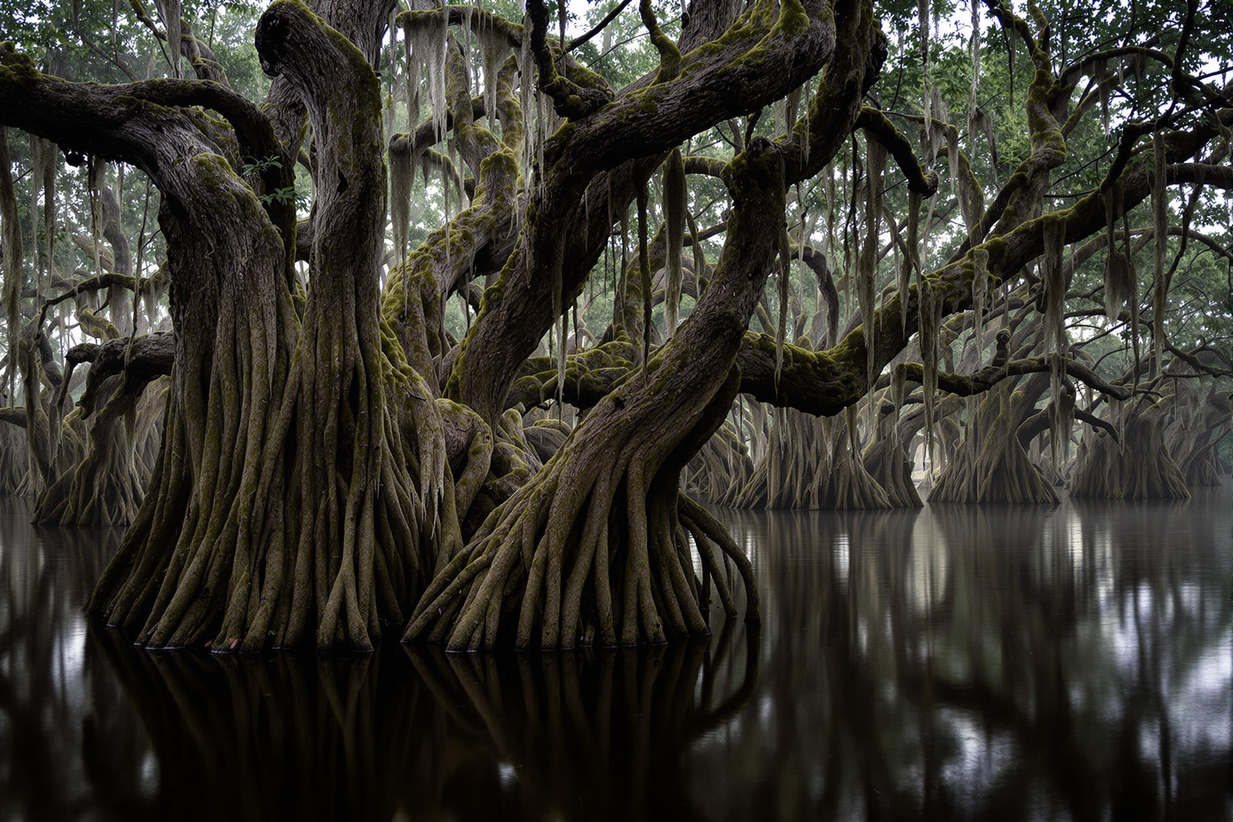 Explore the haunting beauty of a cypress swamp at daybreak. Gnarled trees emerge from still, dark waters, their silhouettes shrouded in ethereal mist. Spanish moss drapes from twisted branches, creating an atmosphere of mystery and timeless serenity.