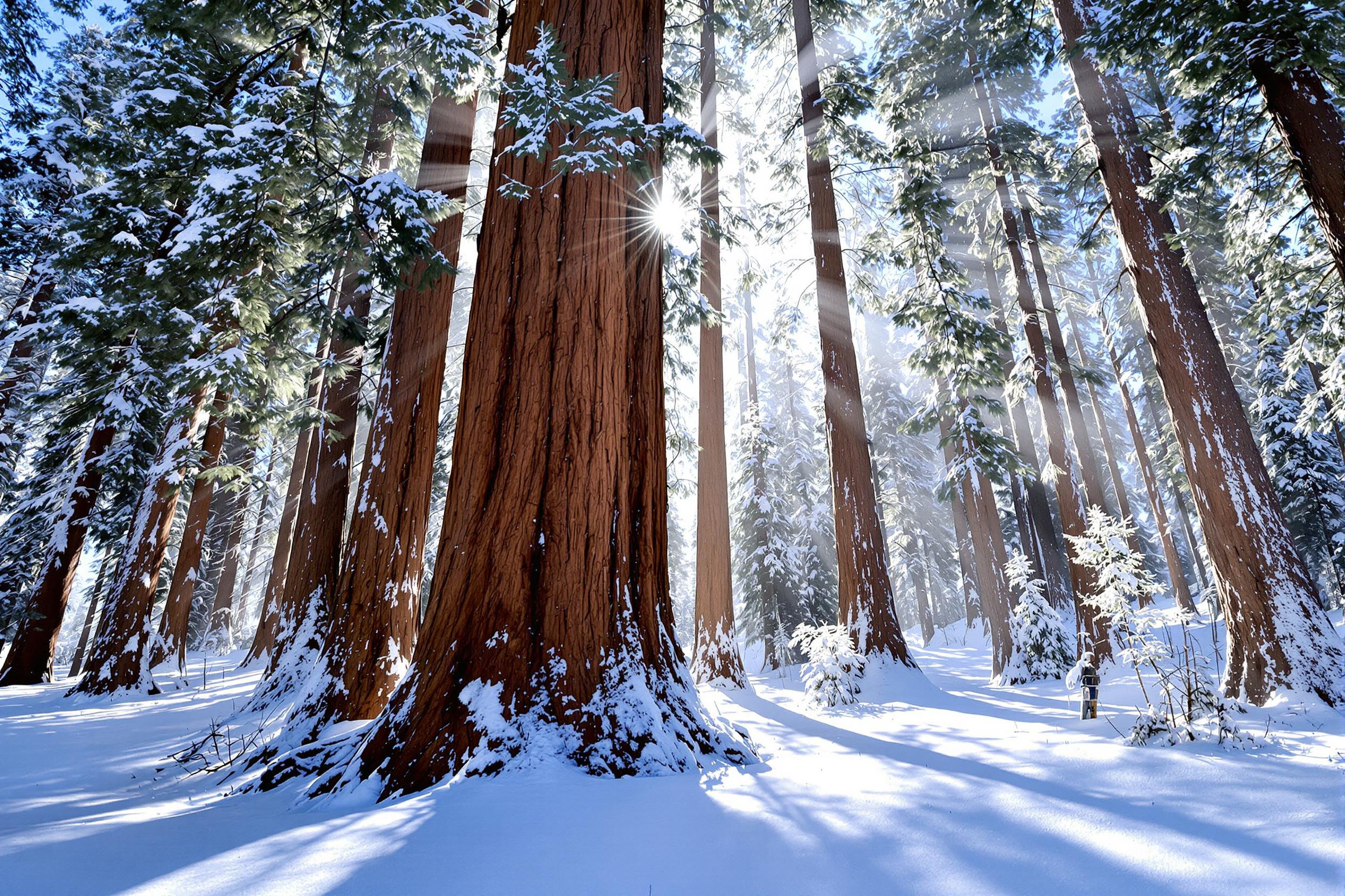 Towering sequoia trees stand sentinel in a snow-covered forest. Sunlight filters through the mist, casting long shadows across the pristine white landscape. This awe-inspiring scene captures the quiet majesty of ancient giants in a serene winter setting.