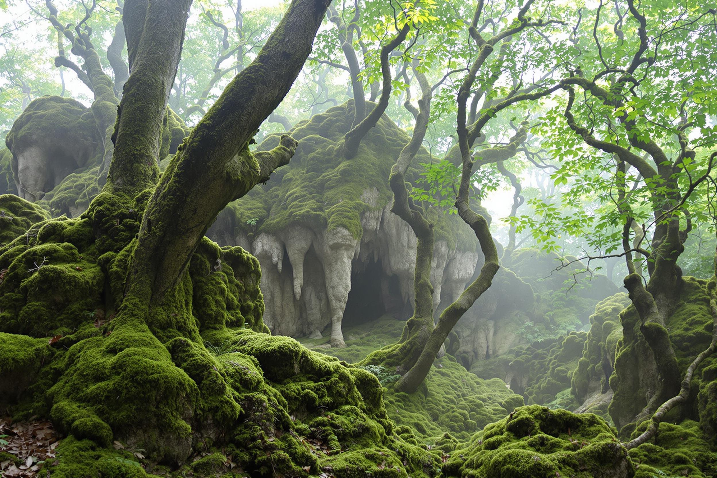 Explore the enchanting beauty of a karst forest at dawn. Limestone formations peek through a thick blanket of moss, while mist swirls around gnarled tree trunks. Soft light filters through the canopy, illuminating the verdant landscape and creating an otherworldly atmosphere.