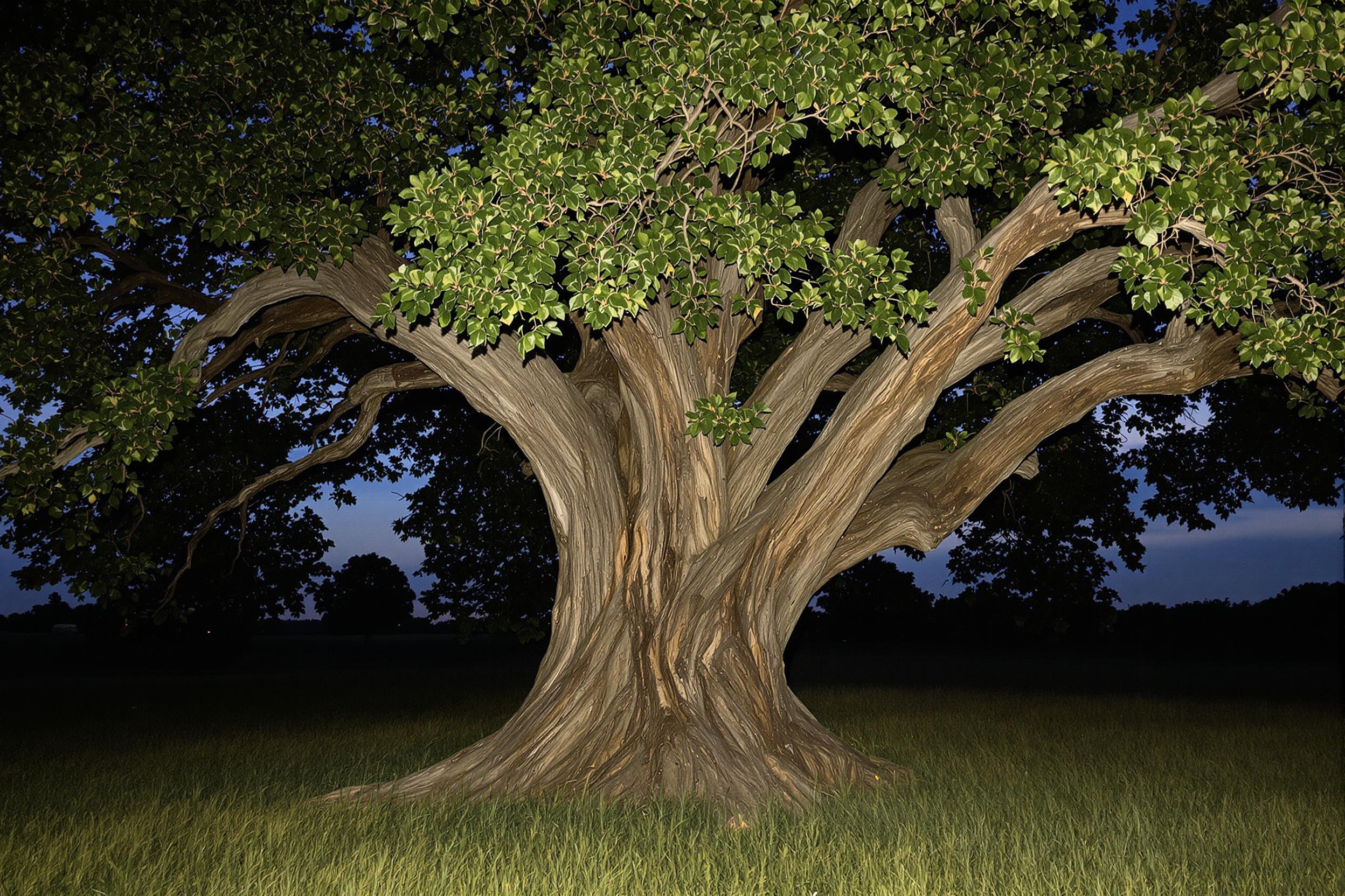 A majestic old tree stands proudly in an open field as dusk settles. Its thick trunk, adorned with deep grooves and rich textures, reaches upward towards the fading light. Leafy branches spread wide, catching hints of deep green against the twilight sky. The grass below is softly illuminated, creating a tranquil setting that invites reflection and wonder.