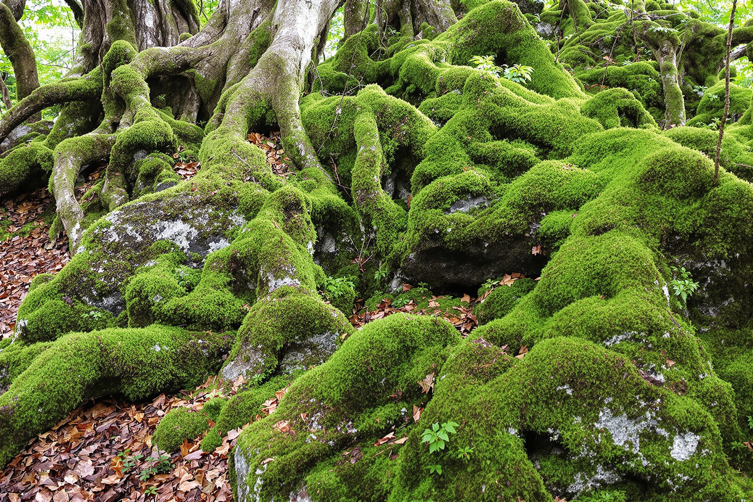 Discover the hidden world of a lush, moss-covered forest floor in an ancient woodland. Vibrant green moss blankets gnarled tree roots and weathered rocks, creating a magical carpet of texture and life in this serene natural setting.