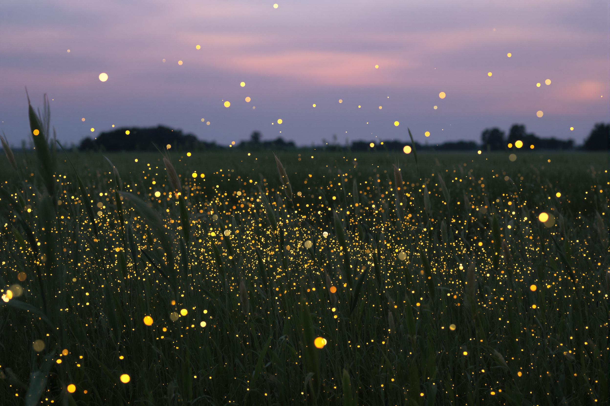 Experience the magic of a summer evening as thousands of fireflies illuminate a secluded meadow. Tall grasses sway gently in the breeze, while the soft glow of twilight paints the sky in pastel hues. This captivating scene showcases nature's own light show in a serene setting.