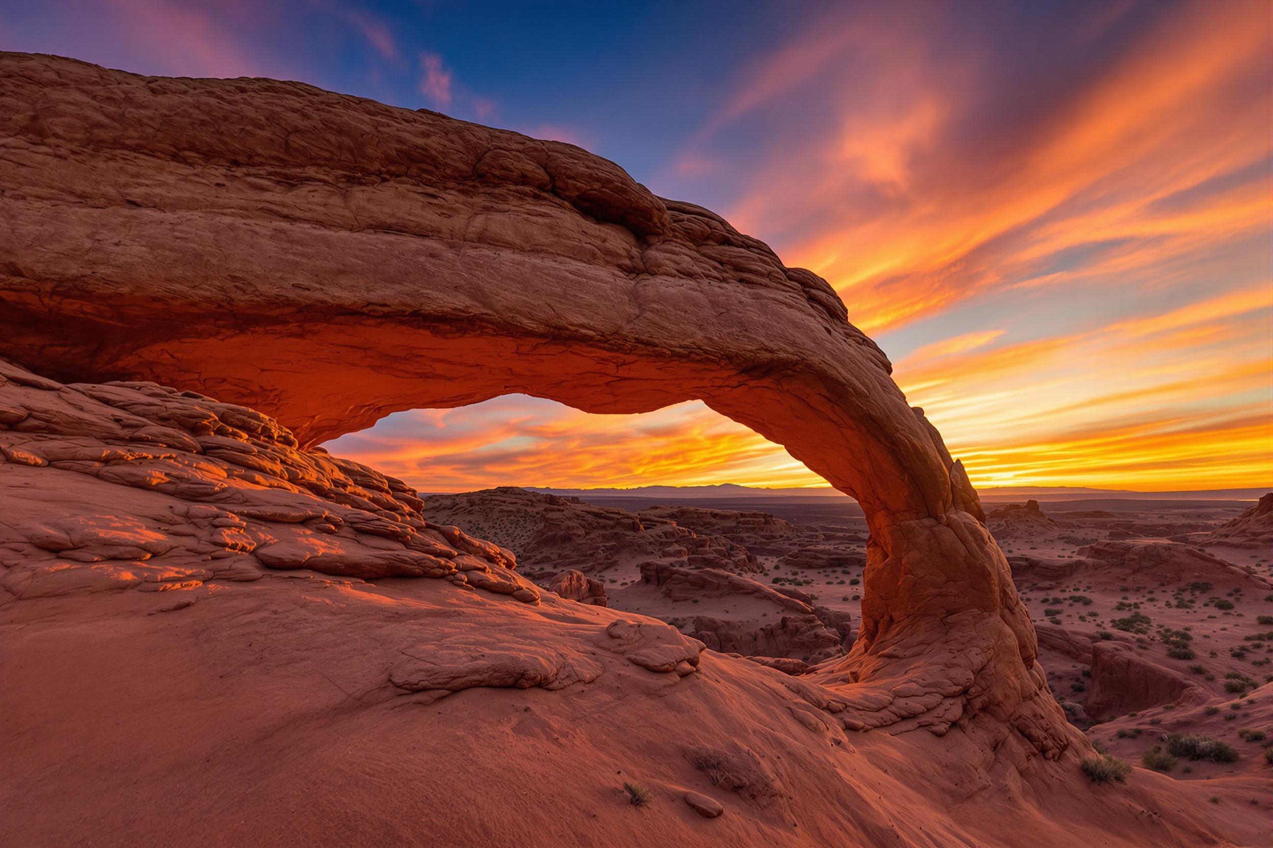 Capture the awe-inspiring beauty of a massive sandstone arch silhouetted against a vibrant sunset sky in a remote desert landscape. Golden hour light bathes the rugged terrain, creating a breathtaking scene of natural wonder and geological marvels.