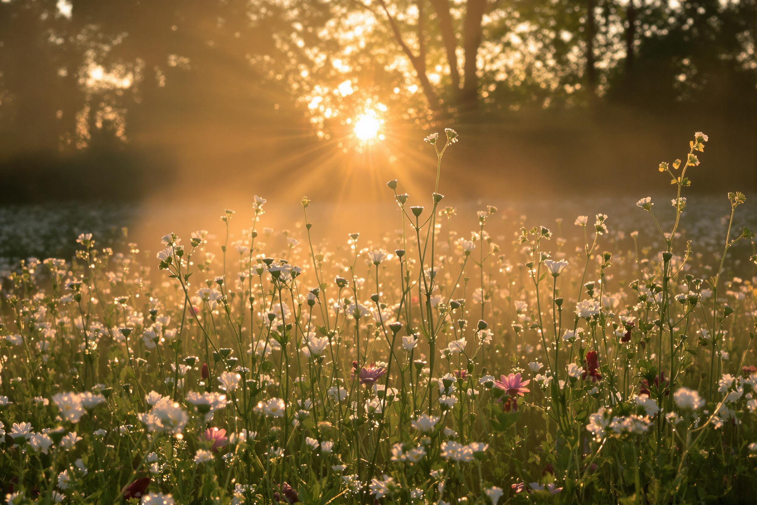 Capture the enchanting beauty of a misty meadow at sunrise, where dew-kissed wildflowers sparkle in the soft, golden light. This serene nature scene showcases the delicate interplay of light, moisture, and flora in a tranquil morning landscape.