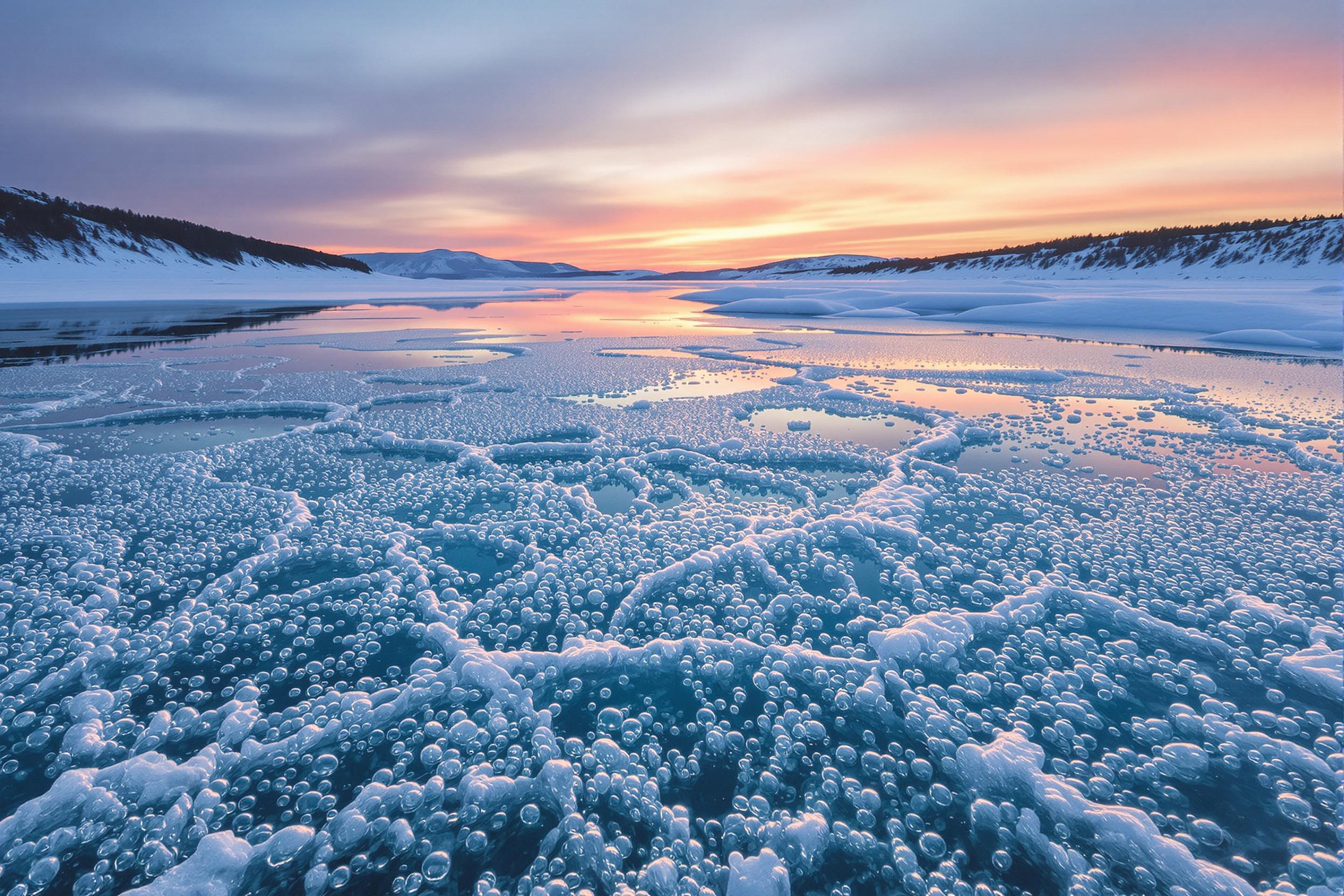 Discover the enchanting beauty of nature's artistry with frozen methane bubbles trapped beneath a crystal-clear icy lake surface. Capture the magical moment as the rising sun paints the sky in pastel hues, illuminating the intricate patterns of frozen bubbles.