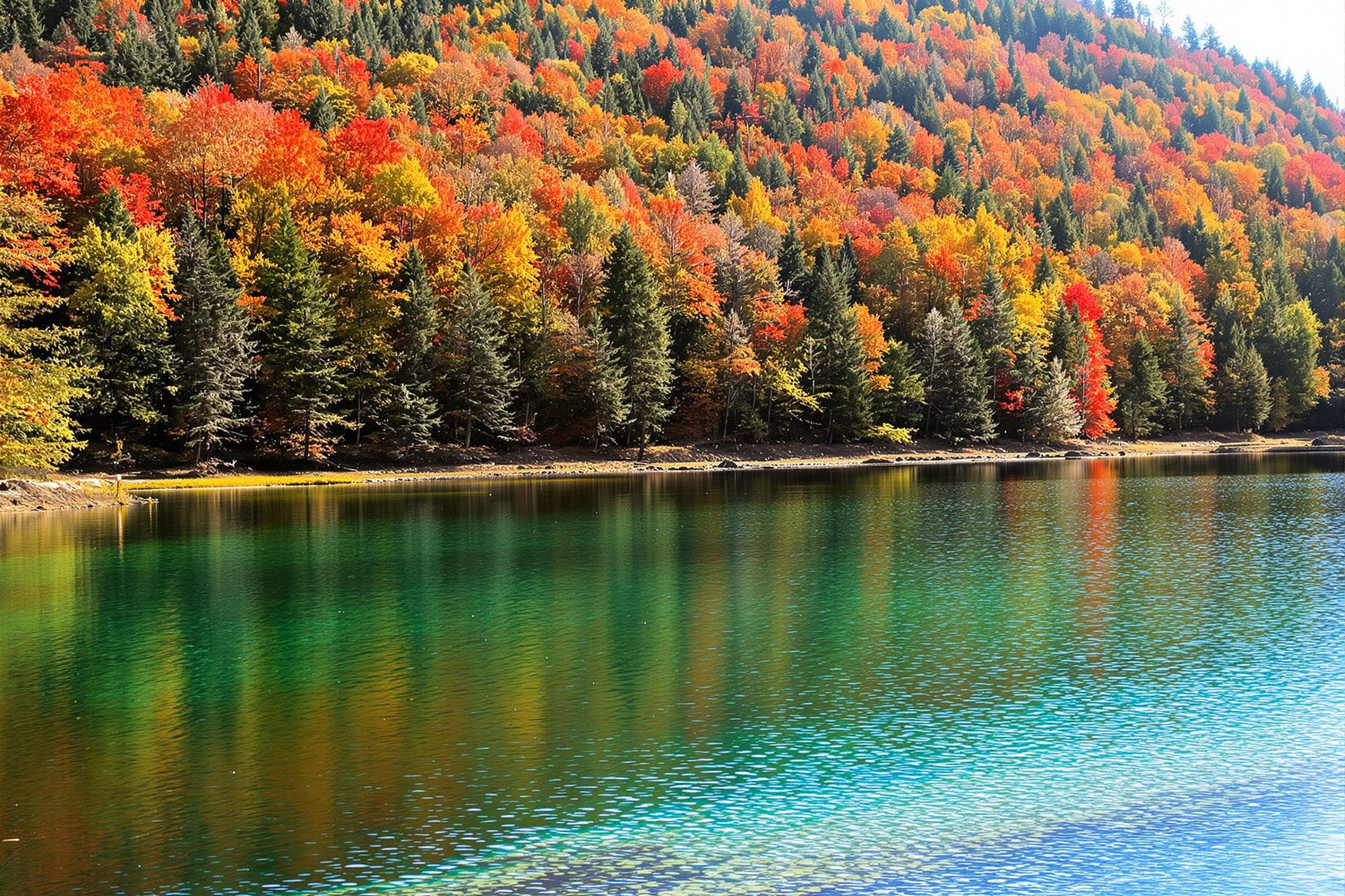 A stunning autumn forest scene with a crystal-clear lake reflecting the vibrant fall colors. Rich reds, oranges, and yellows paint the landscape, while a gentle breeze creates ripples on the water's surface, capturing the essence of the changing seasons.