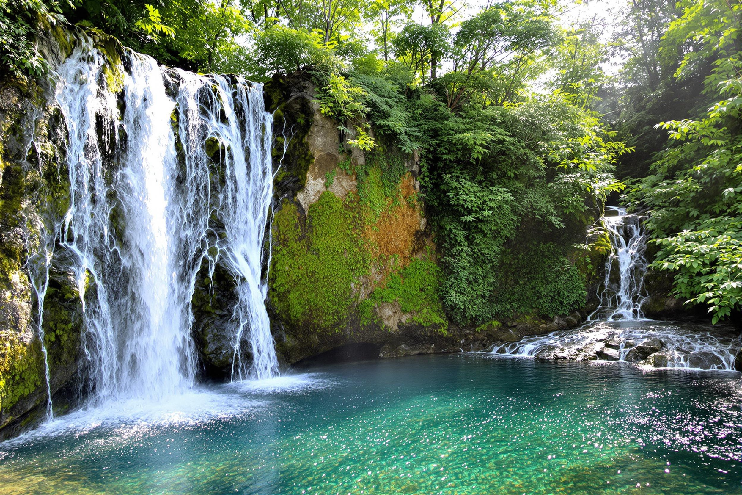 A breathtaking view of a majestic waterfall cascading into a crystal clear pool surrounded by lush greenery. The sunlight filters through the trees, creating a serene and tranquil atmosphere.