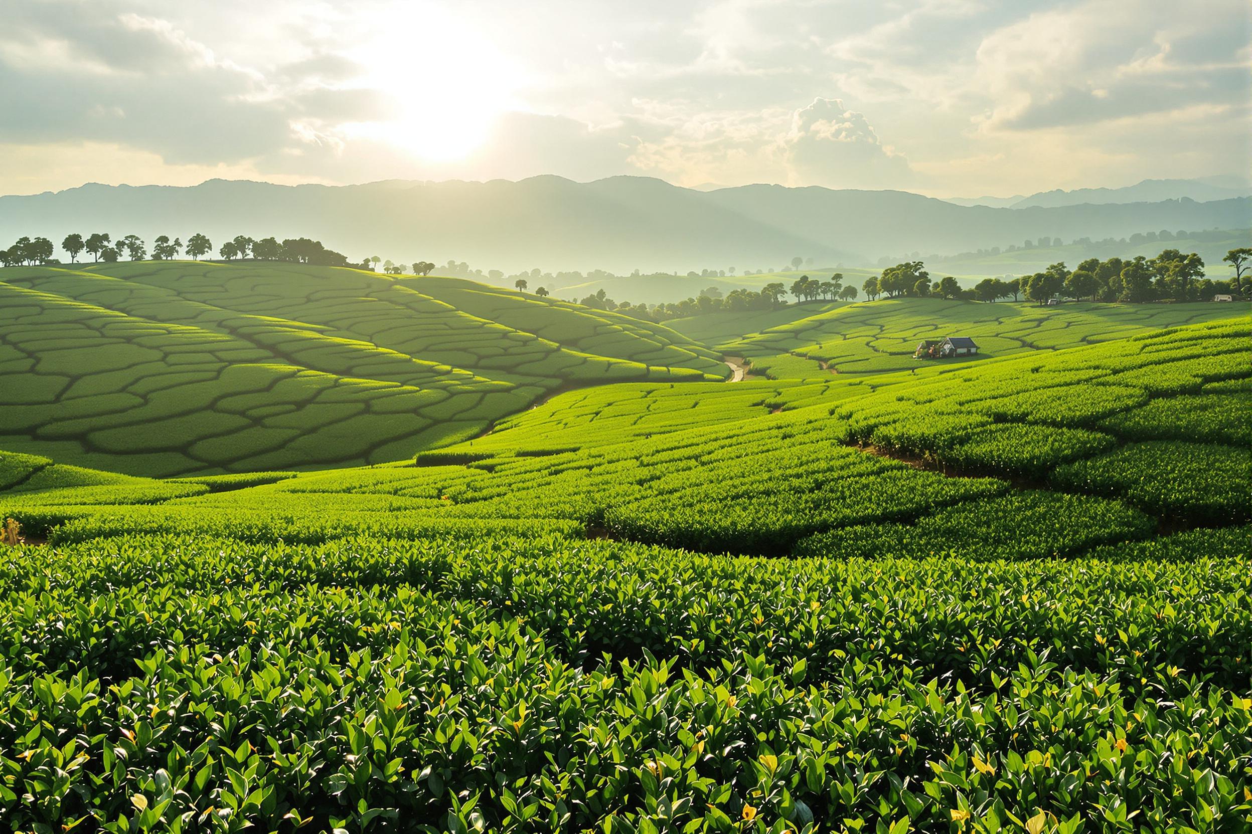 Exquisite green tea fields stretch across rolling hills, their vibrant foliage shimmering in the late afternoon light. Sunlight filters through wispy clouds, casting soft shadows that lend depth to the landscape. This serene setting invites a sense of tranquility as the gentle curves of the land lead to distant misty mountains.