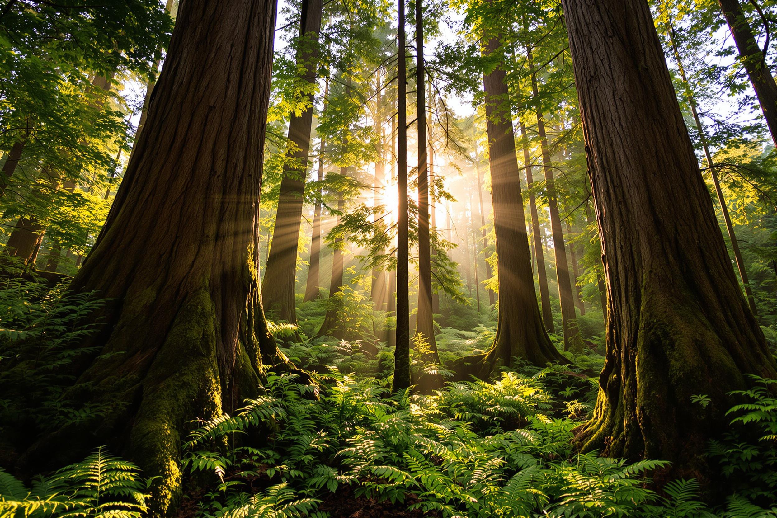 Experience the awe-inspiring beauty of a majestic redwood forest bathed in the golden light of sunrise. Towering trees stretch towards the sky, their bark rich with texture and history. Soft rays of sunlight filter through the dense canopy, creating a serene atmosphere filled with dappled light and shadows. The lush undergrowth is alive with vibrant ferns and moss, enhancing the tranquil mood. This image captures the essence of nature's grandeur, perfect for environmental themes and outdoor enthusiasts.