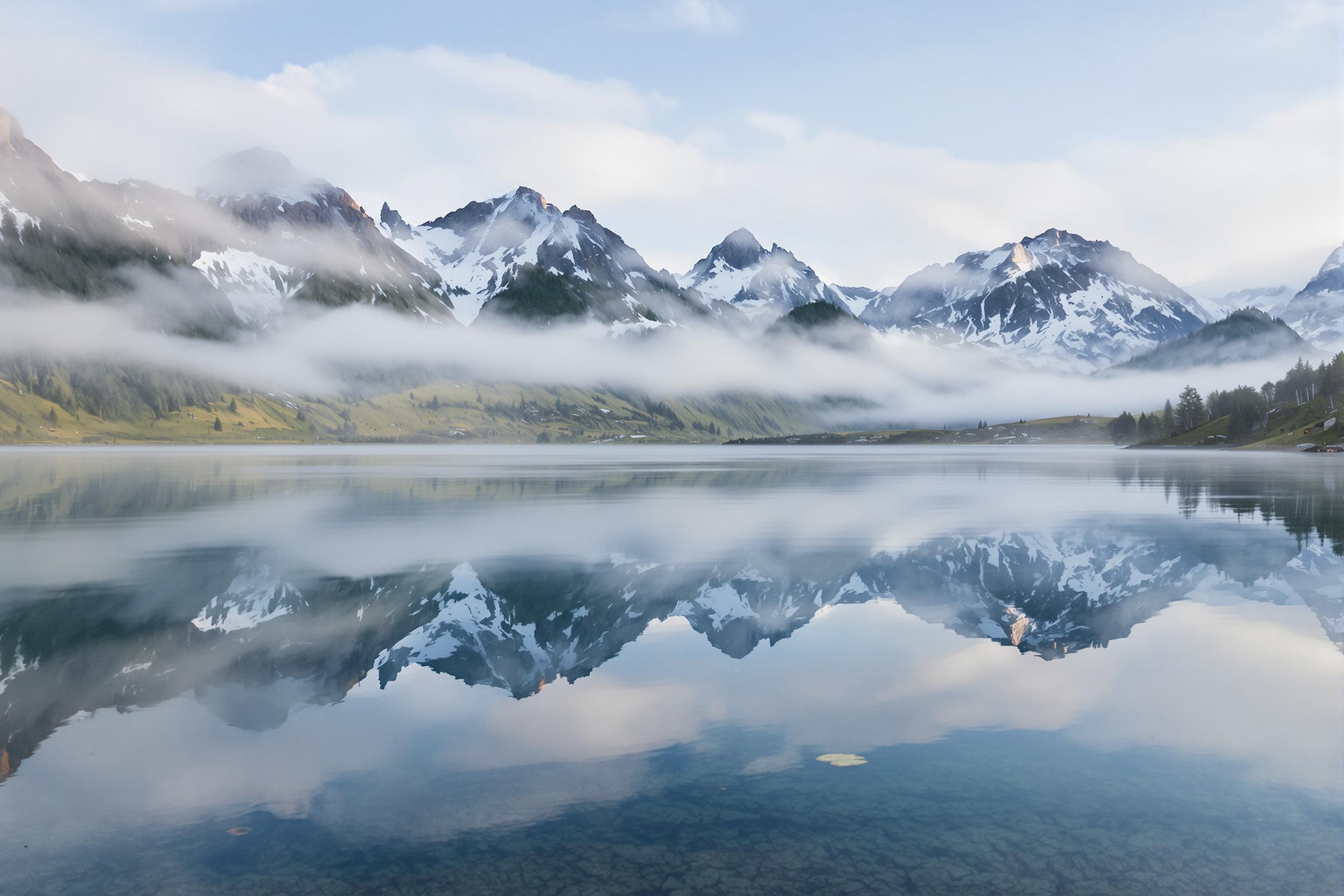 Discover the tranquil beauty of an alpine lake at dawn, where mist-shrouded mountains create perfect reflections on the glassy water surface. This serene landscape captures the essence of untouched wilderness and the quiet magic of early mornings in nature.