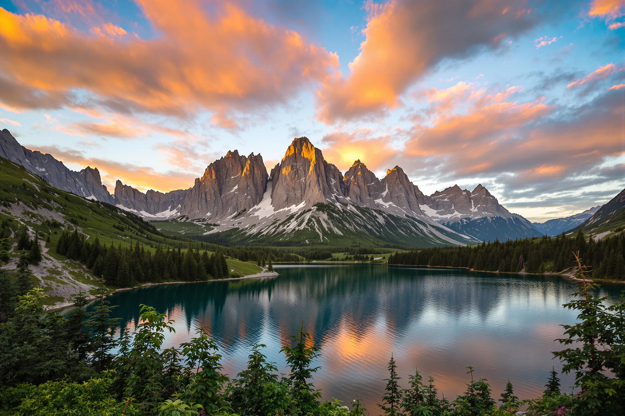 Capture the breathtaking beauty of a majestic mountain landscape at sunrise. The scene features towering peaks bathed in golden light, with a serene lake reflecting the vibrant colors of the sky. Lush greenery surrounds the water, creating a tranquil atmosphere. This image is perfect for nature enthusiasts and travel publications, showcasing the splendor of the great outdoors.