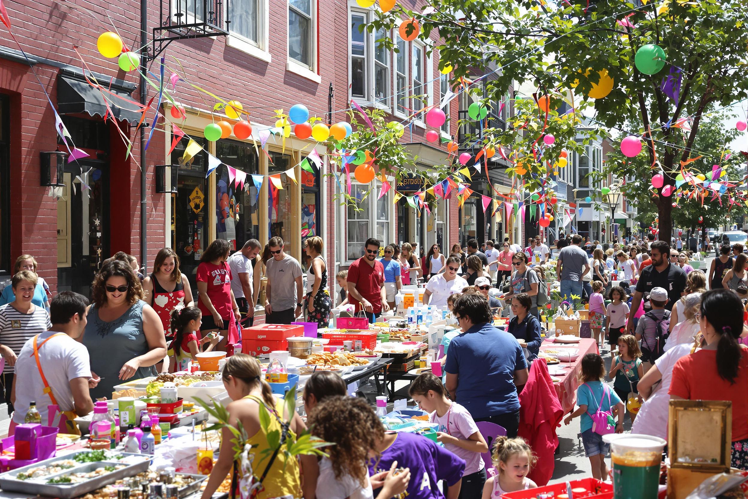 A lively neighborhood block party fills a colorful street with joy. Residents set up tables laden with homemade dishes, while children play games, laughing and running about. Brightly colored balloons and streamers adorn the area, creating a festive atmosphere. Friendly neighbors engage in conversation, sharing smiles and stories under the warm afternoon sun.