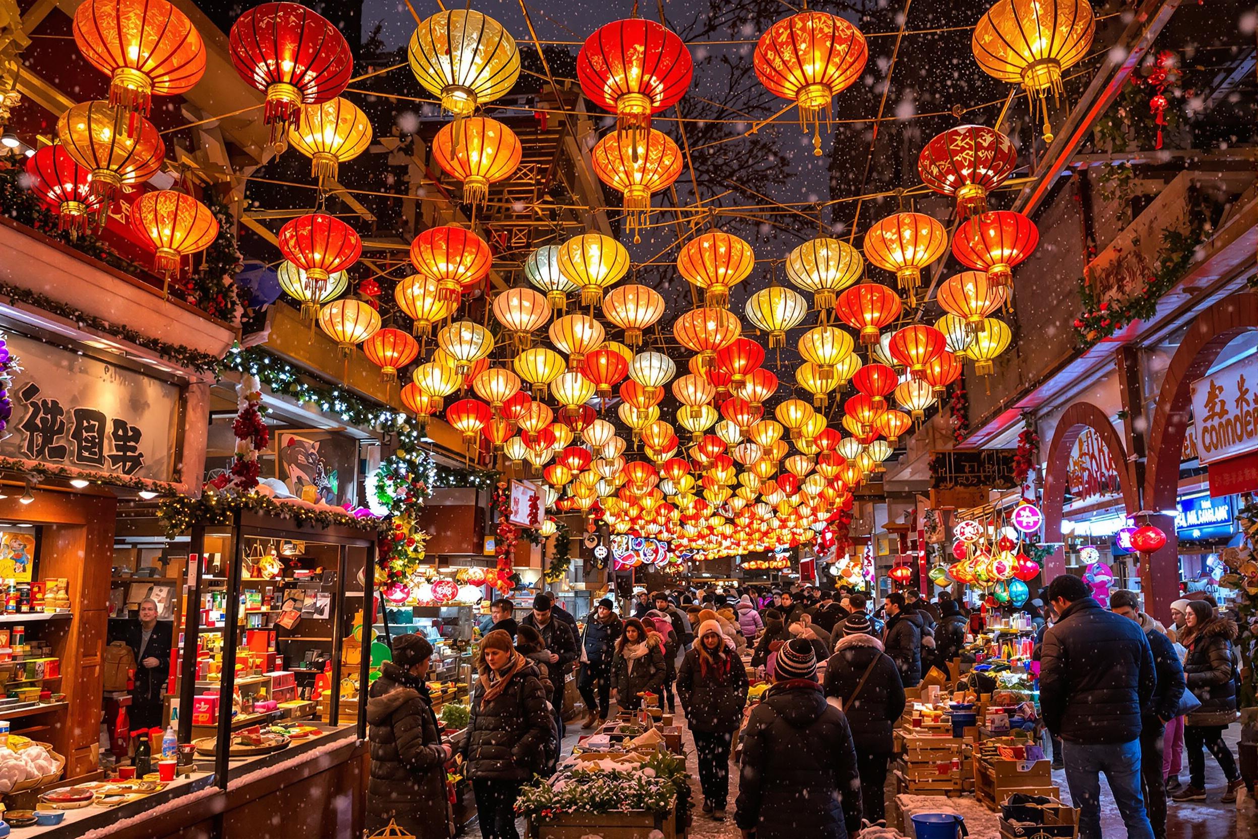 A snow-covered night market bustles under radiant hanging lanterns in varied warm hues. Visitors stroll underneath glowing wares adorned festively and casting fragmented dancing reflections against layering. Shoppers glitter winter nuanced ambient bright snowflakes add mystical pops between contrasts vibrant myriad shaped-frame cooled shadows chaotic angularity light pierce- environments.