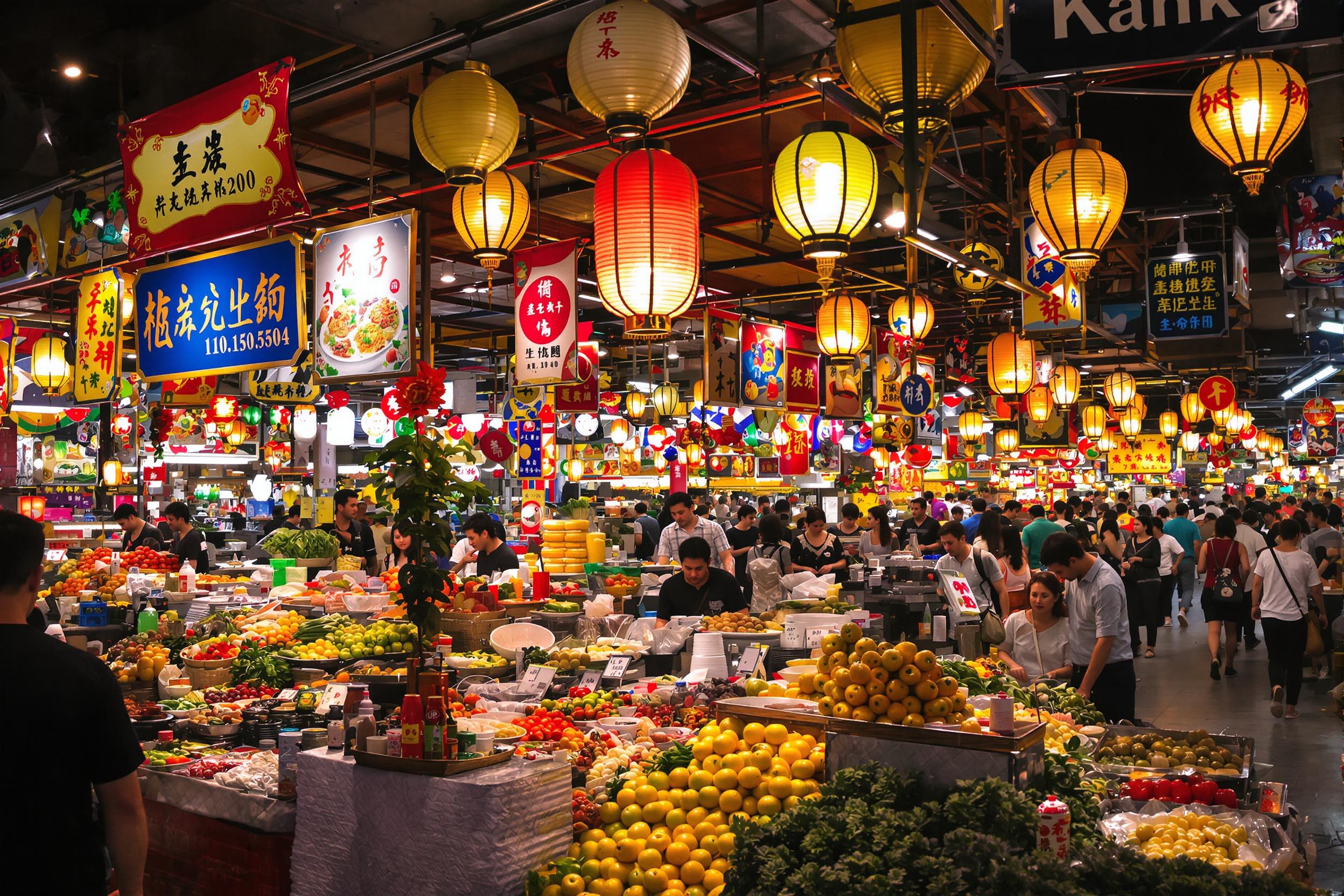 A lively night market buzzes with activity as visitors stroll between vibrant food stalls offering an array of exotic dishes. Lanterns cast a warm glow over the scene, illuminating colorful signs and the enticing displays of fresh ingredients. The air is filled with tantalizing aromas as diverse vendors engage eagerly with customers seeking culinary adventures.