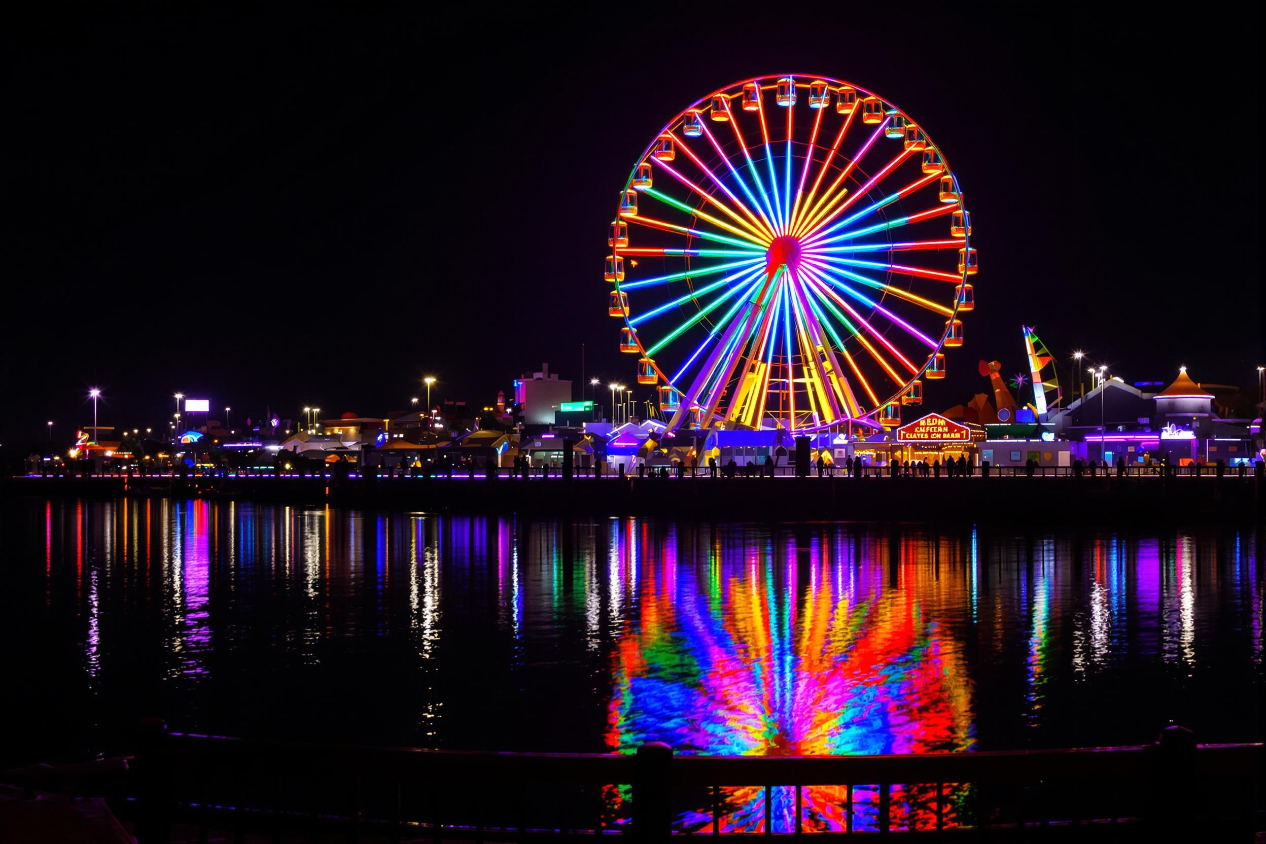 A colorful nighttime carnival scene focuses on a giant Ferris wheel radiating rainbow neon lights. The view reflects perfectly on adjacent still waters, creating a seamless mirror effect. In the foreground, dark silhouettes of boardwalk railings frame the shot, enhancing depth. Vivid contrasts between luminous hues and dark surrounds evoke an enchanting glow.