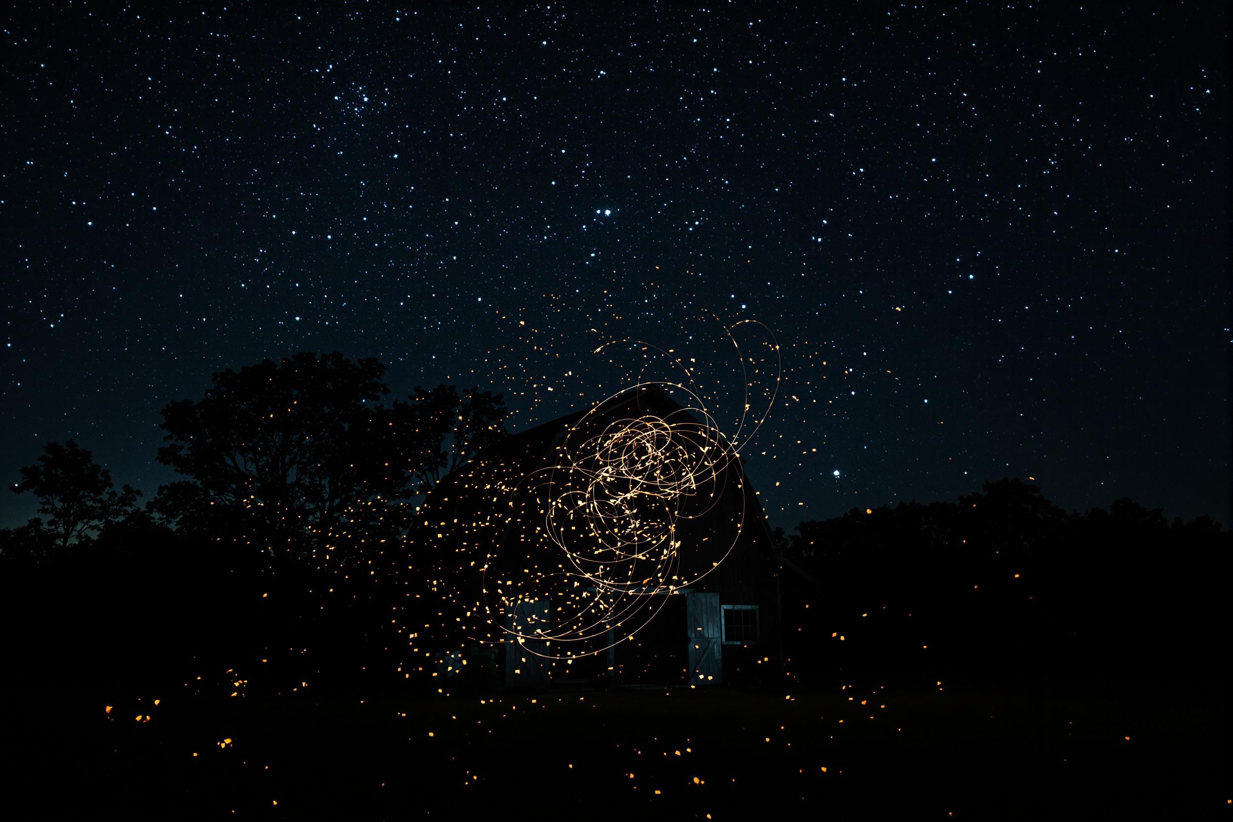 Under a canopy of twinkling stars, a rustic barn stands silently amidst open fields. Fireflies dance in golden swirls, creating a mesmerizing contrast against the cool, dim moonlight bathing the wooden exterior. Silhouetted trees frame the scene, adding depth to this serene nocturnal countryside.