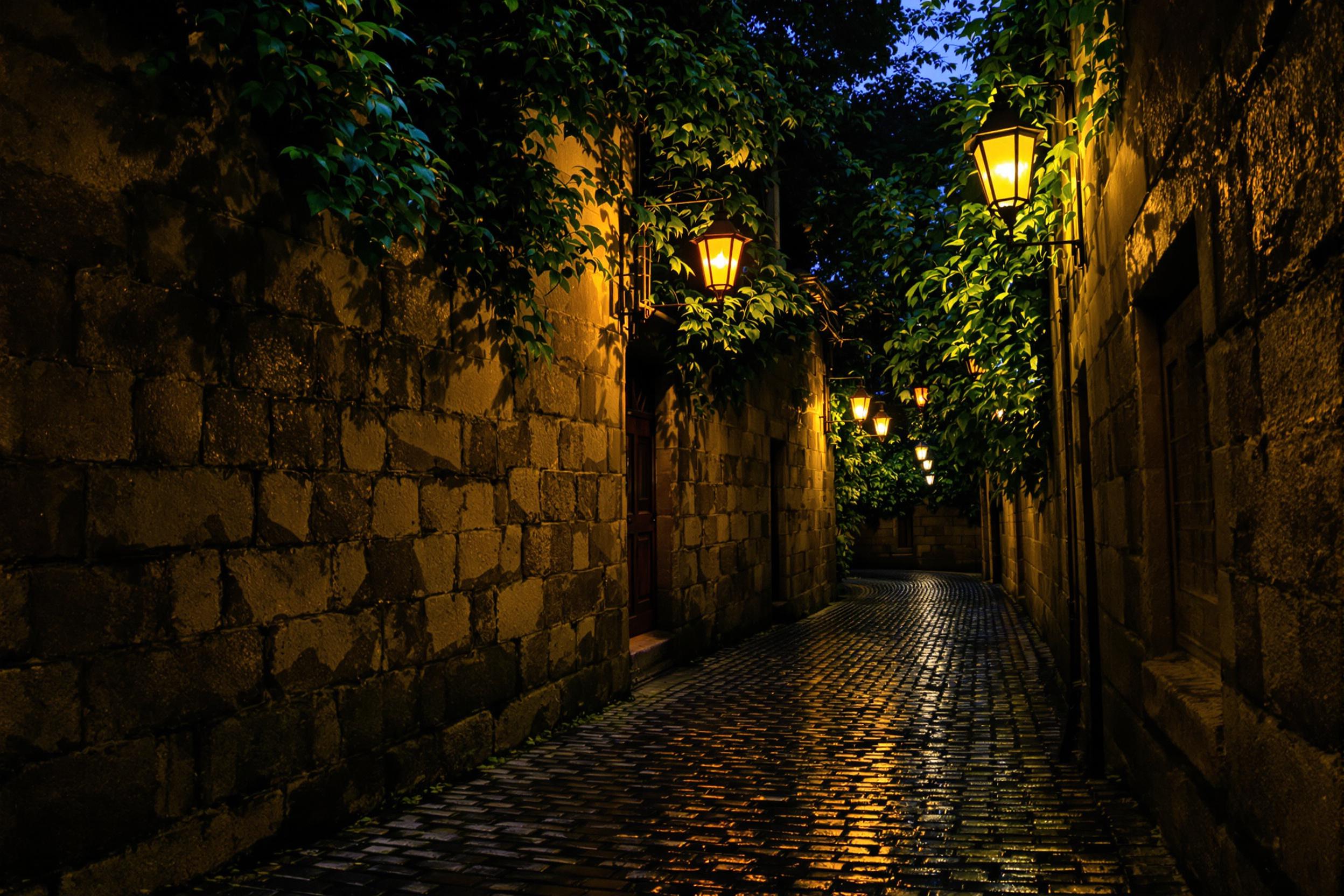 A narrow cobblestone alleyway glows under the warm light of hanging lanterns. Weathered stone walls rise along either side, overgrown with creepers, casting textured shadows. The path gently curves out of view, inviting exploration. Scattered rainwater reflects ambient light, adding gleaming details to this tranquil evening urban escape.