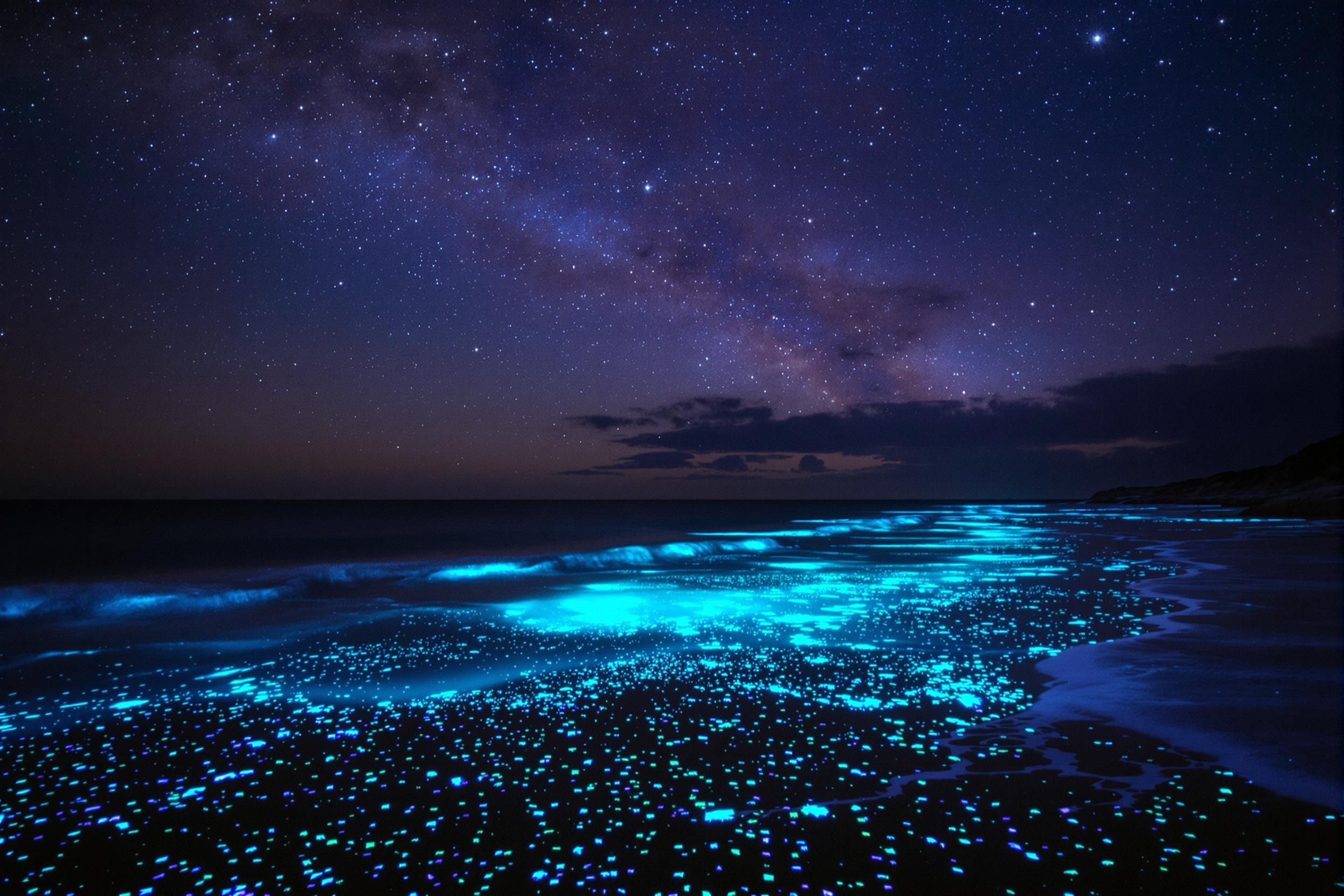 A mesmerizing shoreline glowing with bioluminescent plankton under a star-studded night sky. The image captures the magical interplay of natural light sources, from the ethereal blue waves to the cosmic display above.