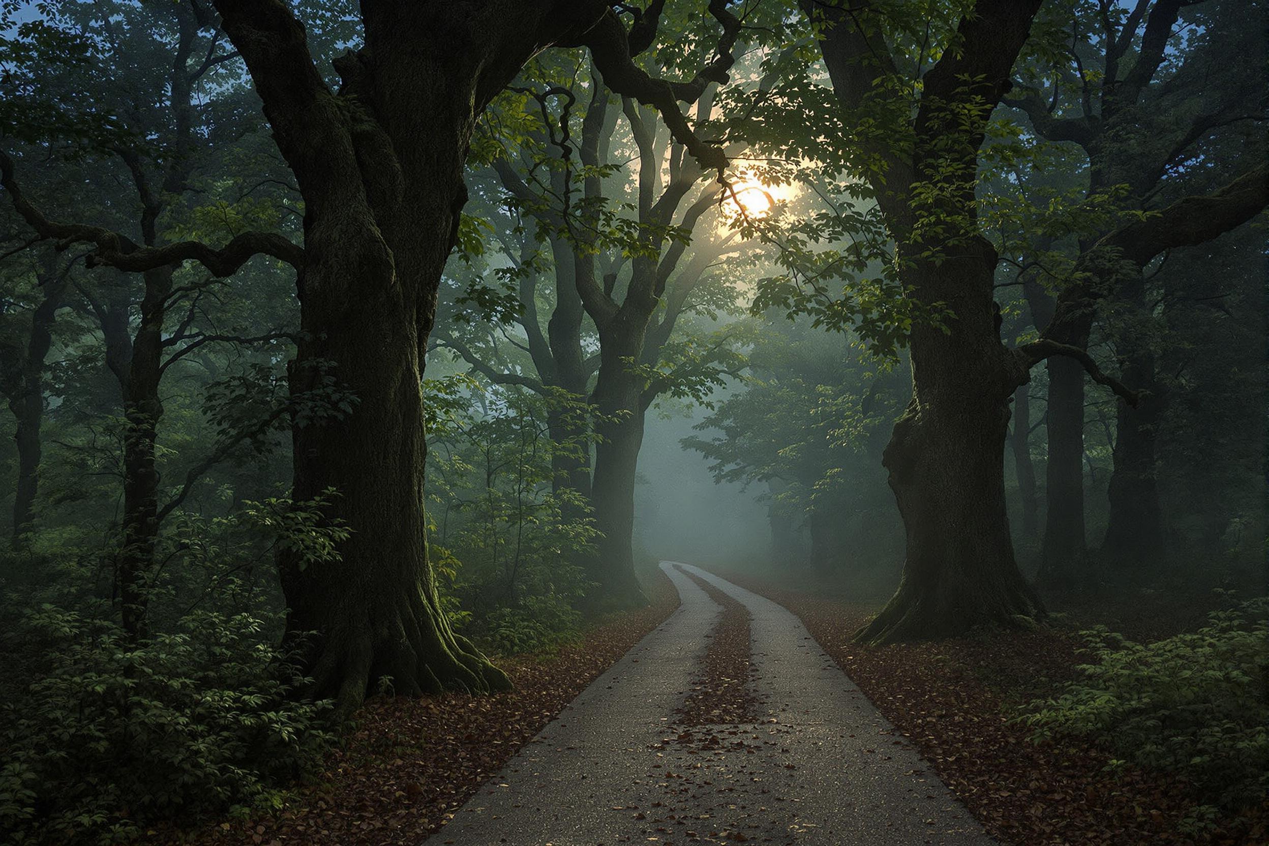 A mysterious forest path bathed in soft moonlight, with fog rolling between ancient trees. The image evokes a sense of tranquility and wonder, highlighting the beauty of nature's nocturnal landscape.