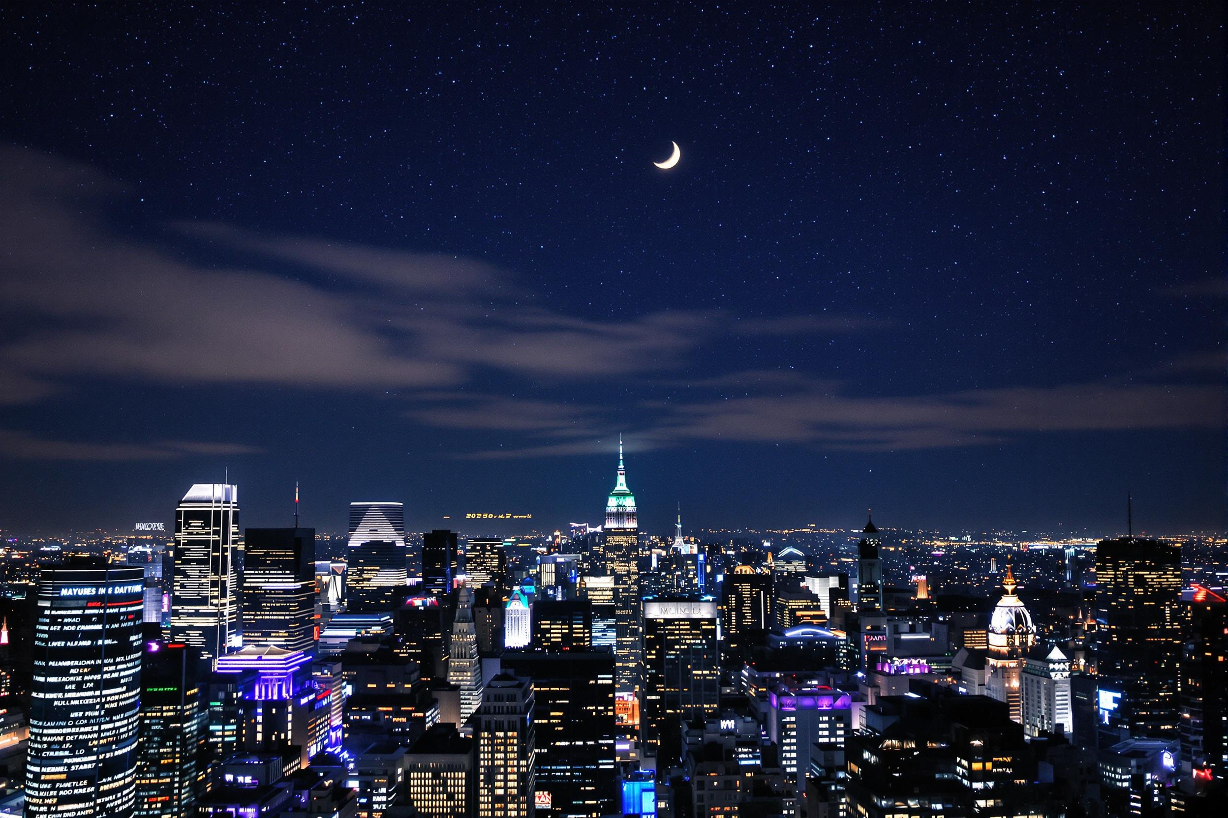 A breathtaking cityscape under a starry night sky, showcasing towering skyscrapers illuminated by twinkling lights. The image captures the vibrant energy of urban life after dark, with a crescent moon peeking through wispy clouds.