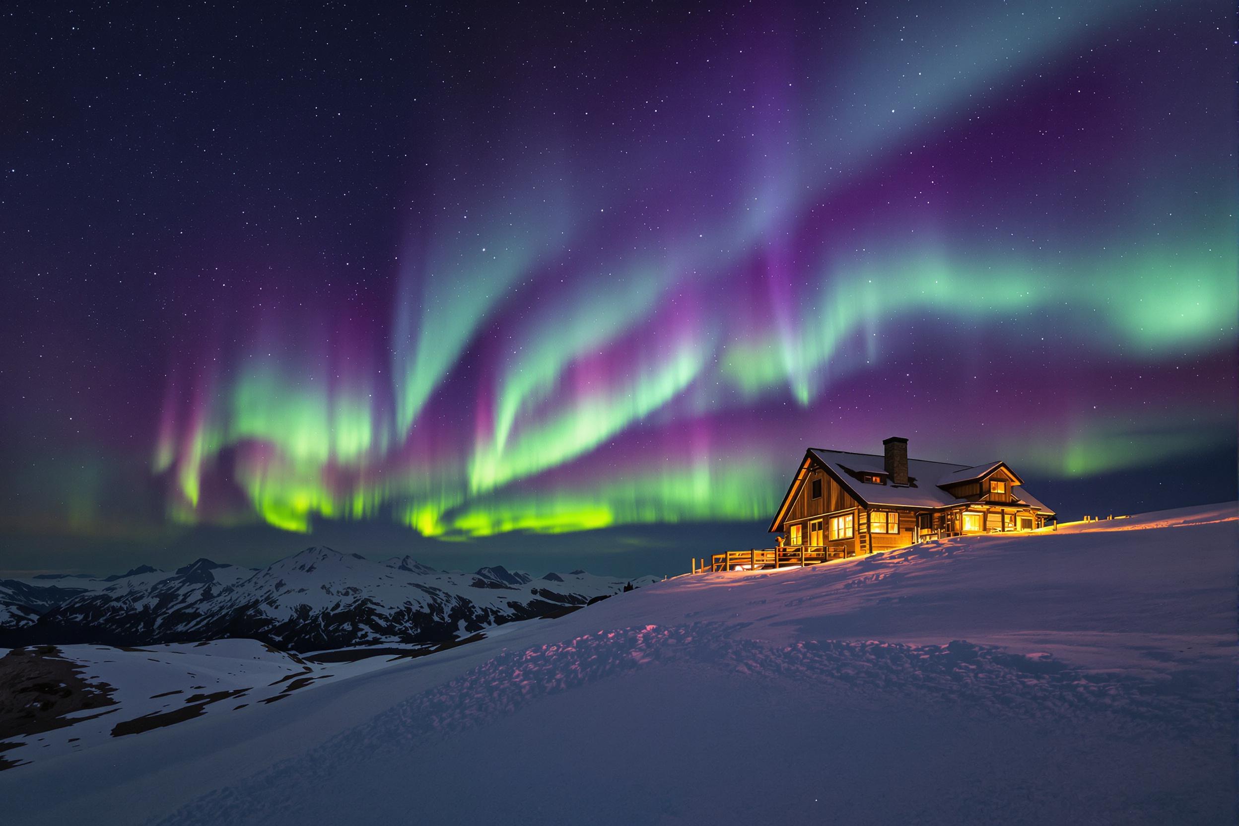 An isolated mountain cabin rests atop a snowy ridge under a dazzling cascade of northern lights. The ethereal greens and purples of the auroras dominate the vast night sky, reflecting faintly on the unblemished snow. Warm, golden light pours softly from the cabin windows, contrasting against the cool tones of the serene, remote wilderness.